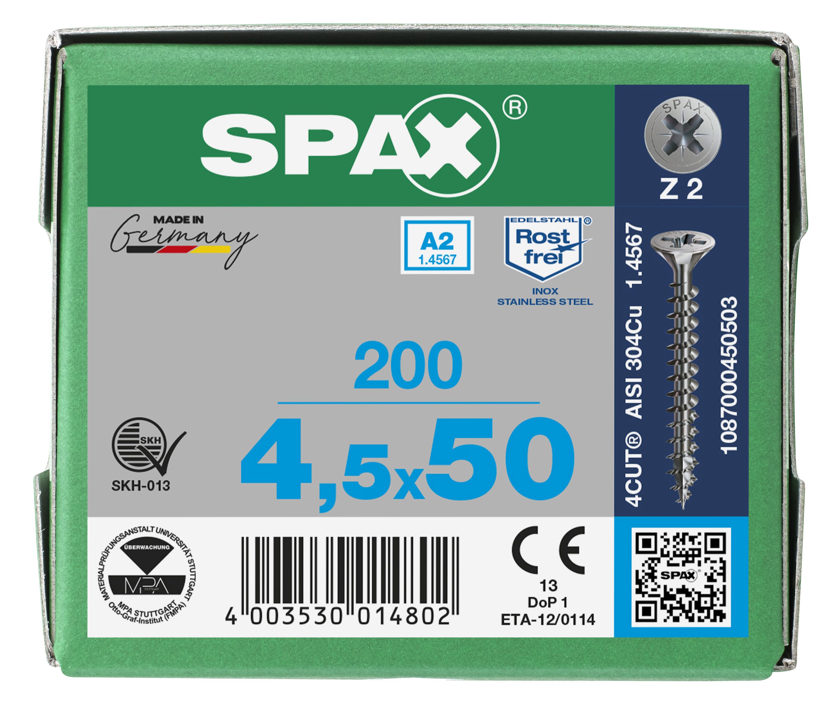 CABEZA MÚLTIPLE PLANA SPAX A2 RANURA EN CRUZ Z2 ROSCA COMPLETA 200 UD.