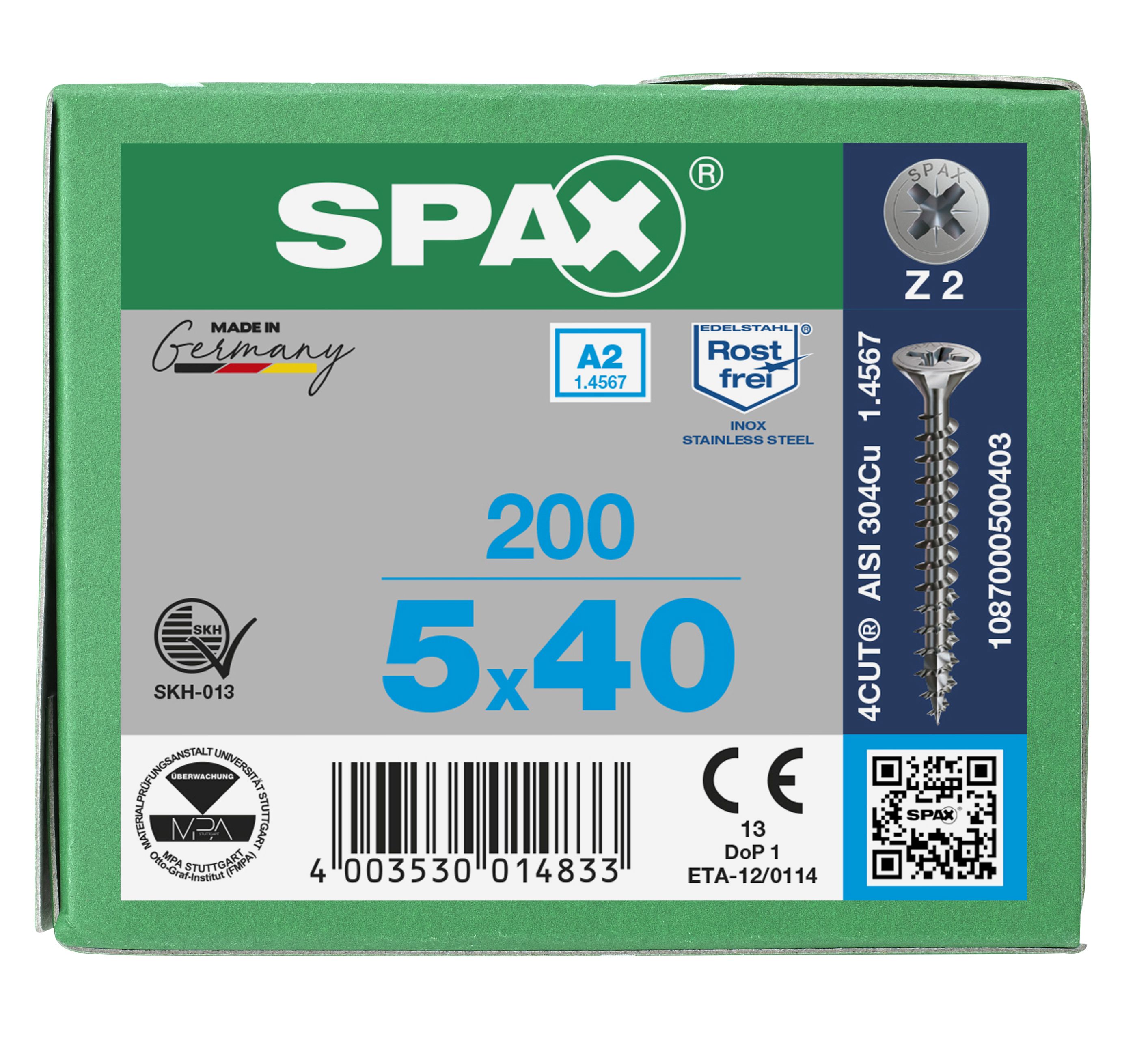 CABEZA MÚLTIPLE PLANA SPAX A2 RANURA EN CRUZ Z2 ROSCA COMPLETA 200 UD.