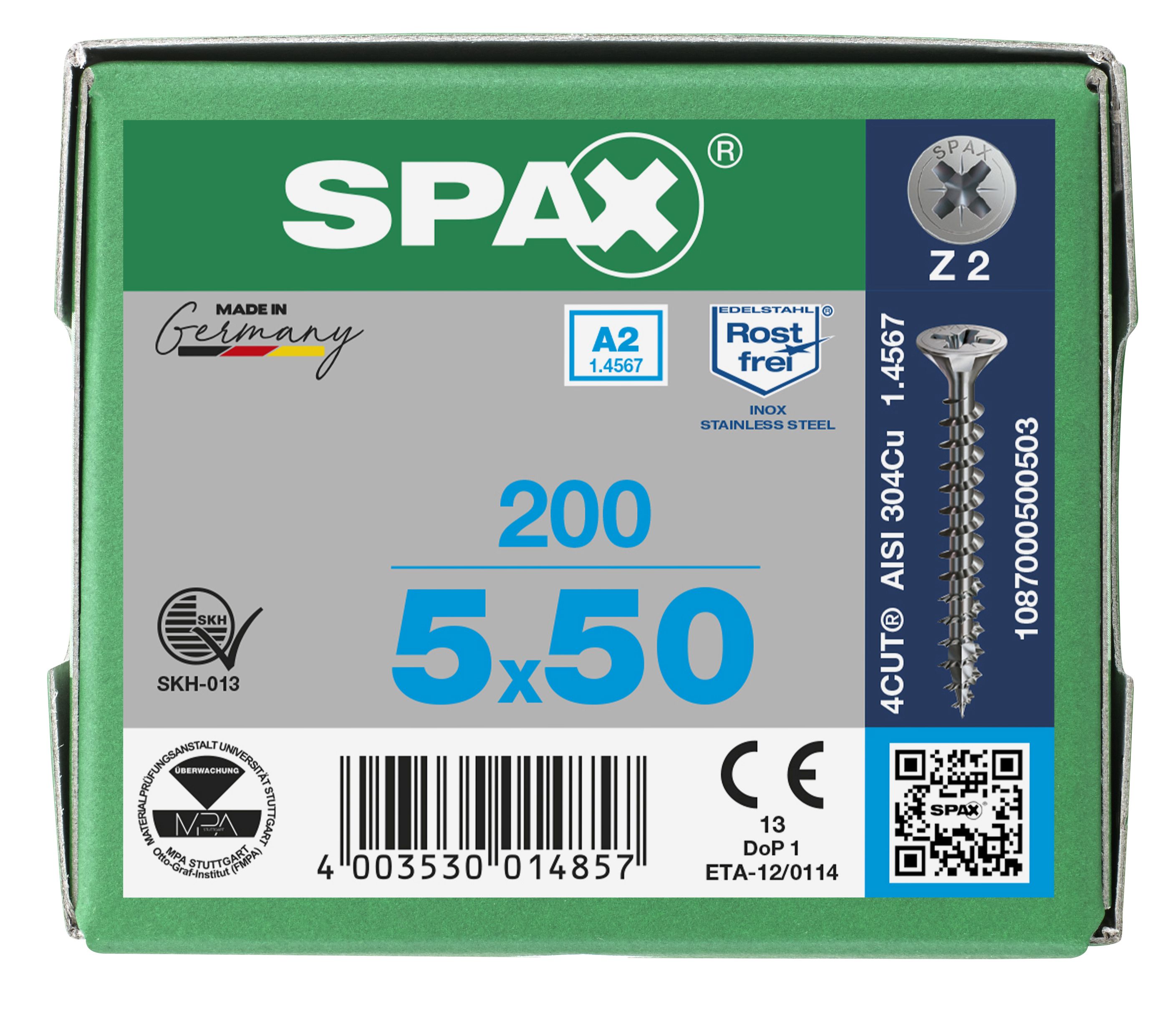 CABEZA MÚLTIPLE PLANA SPAX A2 RANURA EN CRUZ Z2 ROSCA COMPLETA 200 UD.