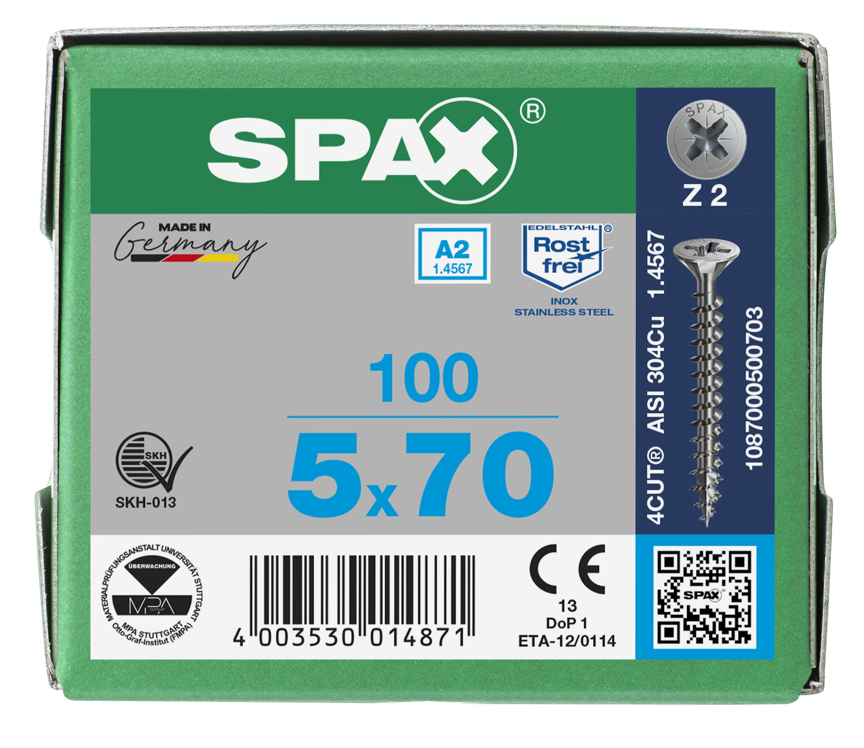 CABEZA MÚLTIPLE PLANA SPAX A2 RANURA EN CRUZ Z2 ROSCA COMPLETA 100 UD.