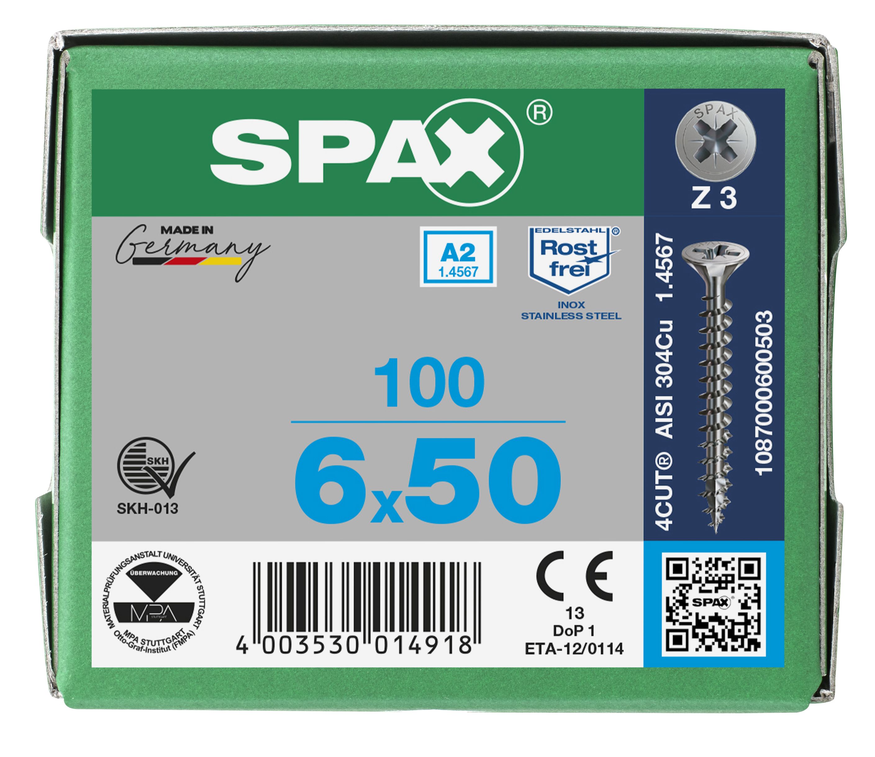 CABEZA MÚLTIPLE PLANA SPAX A2 RANURA EN CRUZ Z3 ROSCA COMPLETA 100 UD.