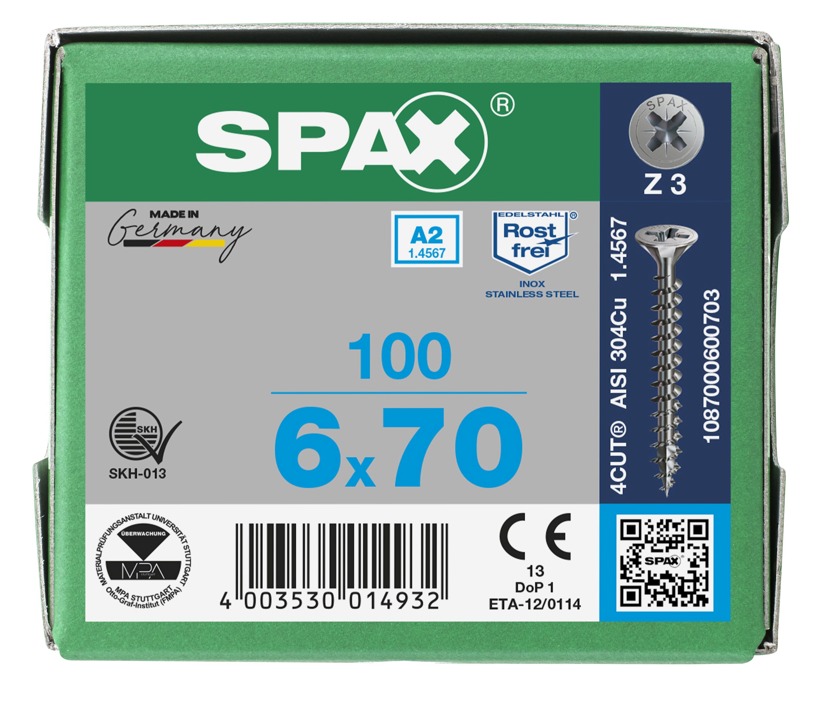 CABEZA MÚLTIPLE PLANA SPAX A2 RANURA EN CRUZ Z3 ROSCA COMPLETA 100 UD.