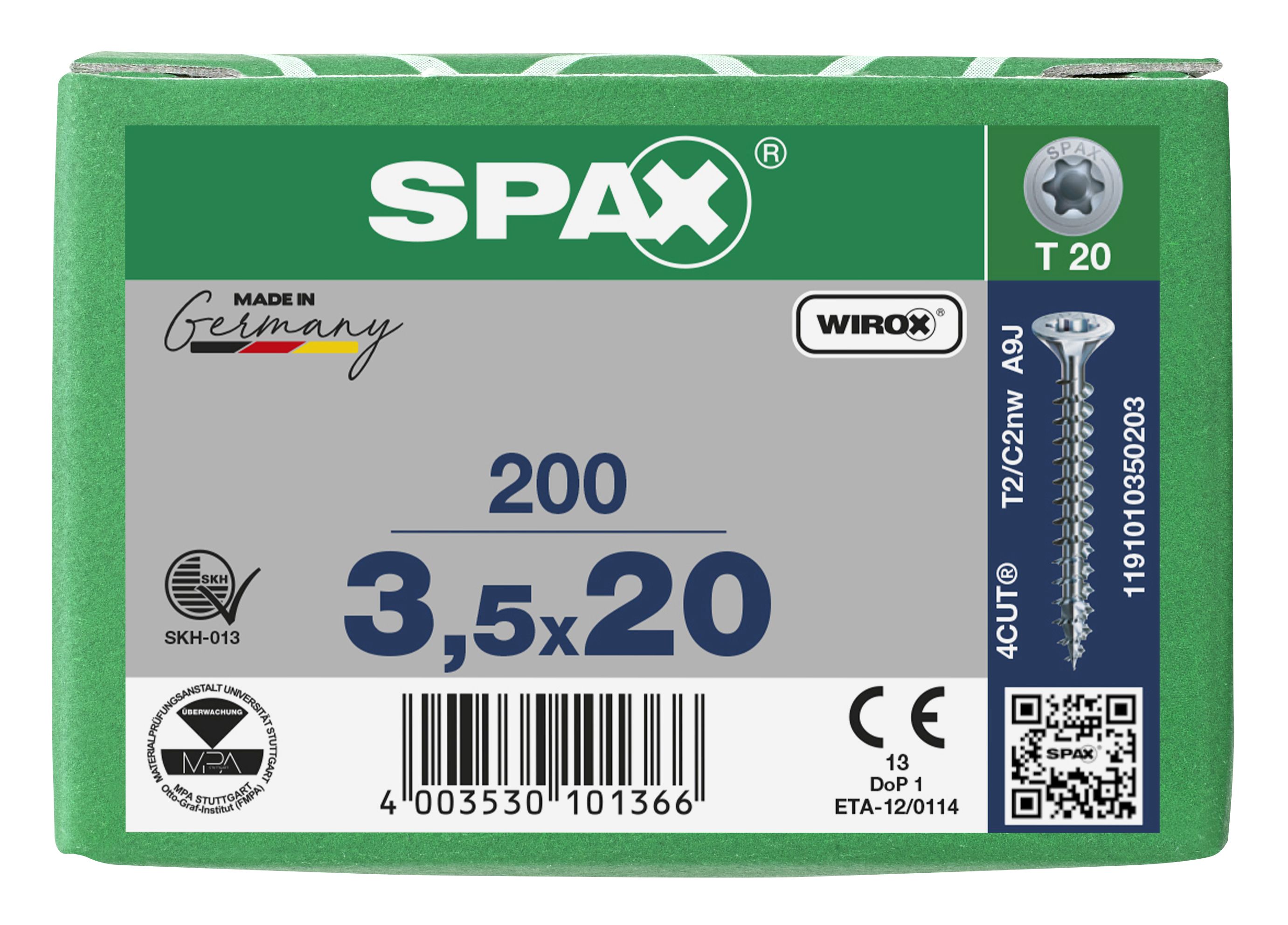 CABEZA MÚLTIPLE PLANA SPAX T-STAR PLUS T20 ROSCA COMPLETA WIROX 200 UD.