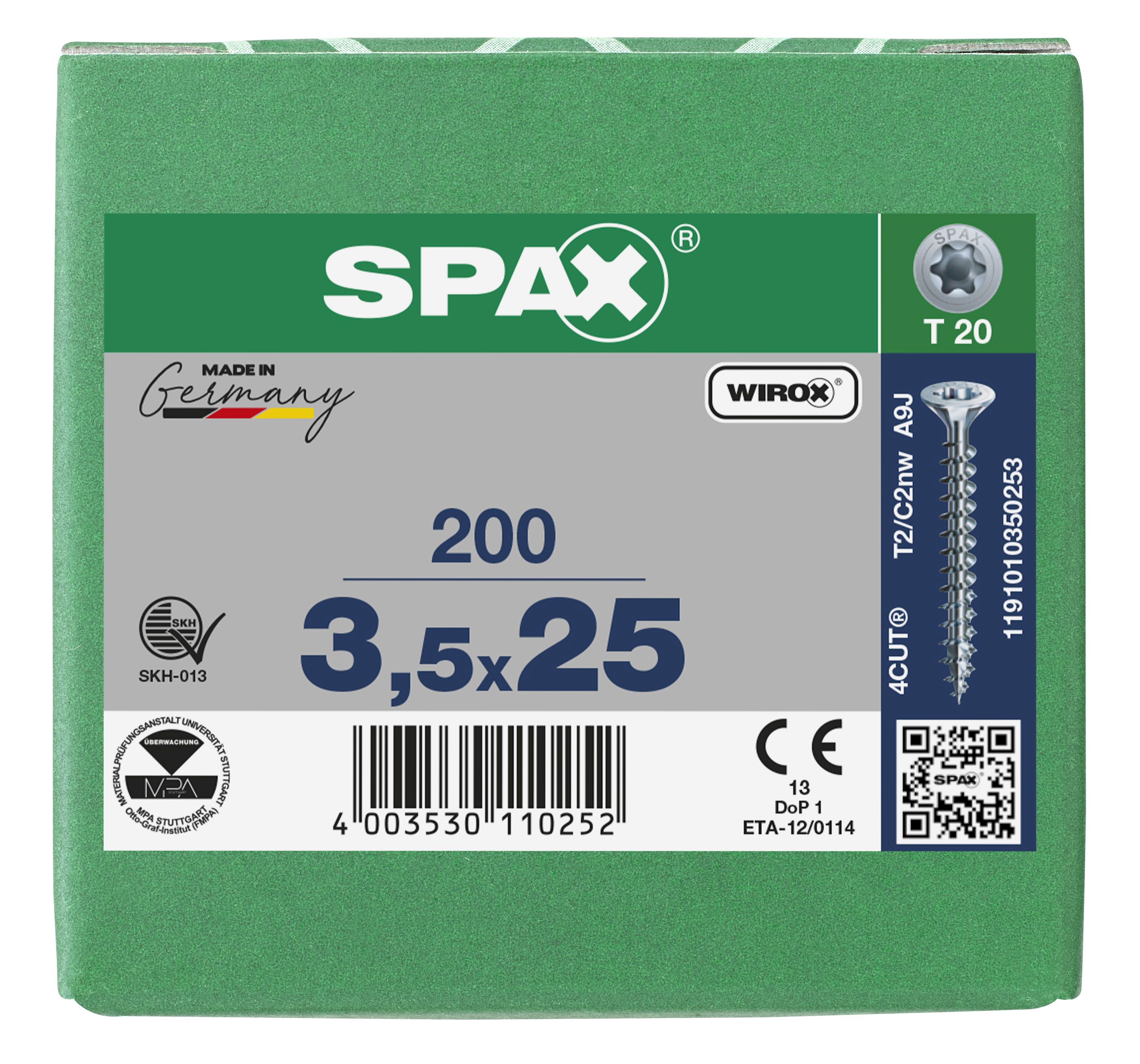 CABEZA MÚLTIPLE PLANA SPAX T-STAR PLUS T20 ROSCA COMPLETA WIROX 200 UD.