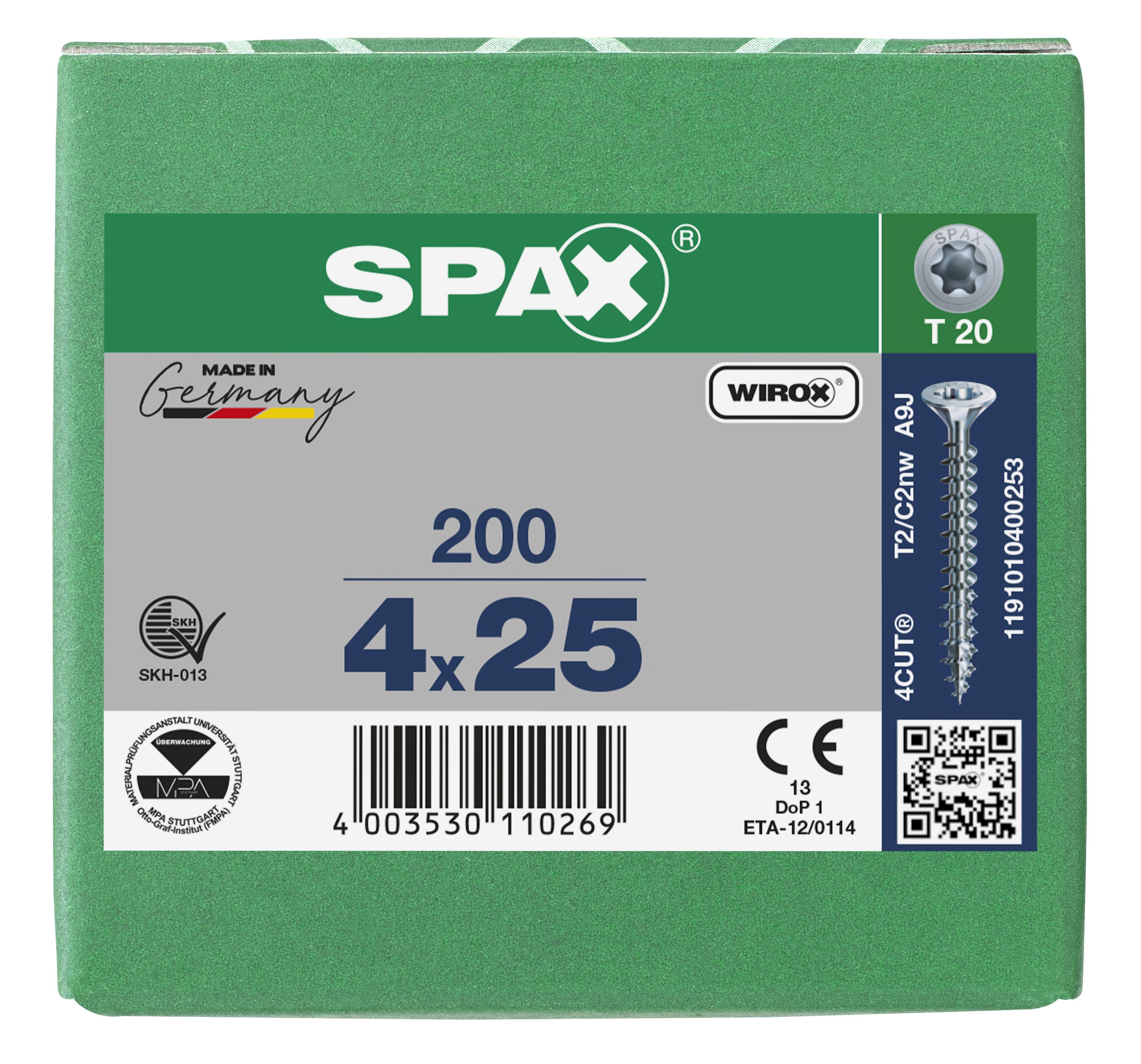 CABEZA MÚLTIPLE PLANA SPAX T-STAR PLUS T20 ROSCA COMPLETA WIROX 200 UD.