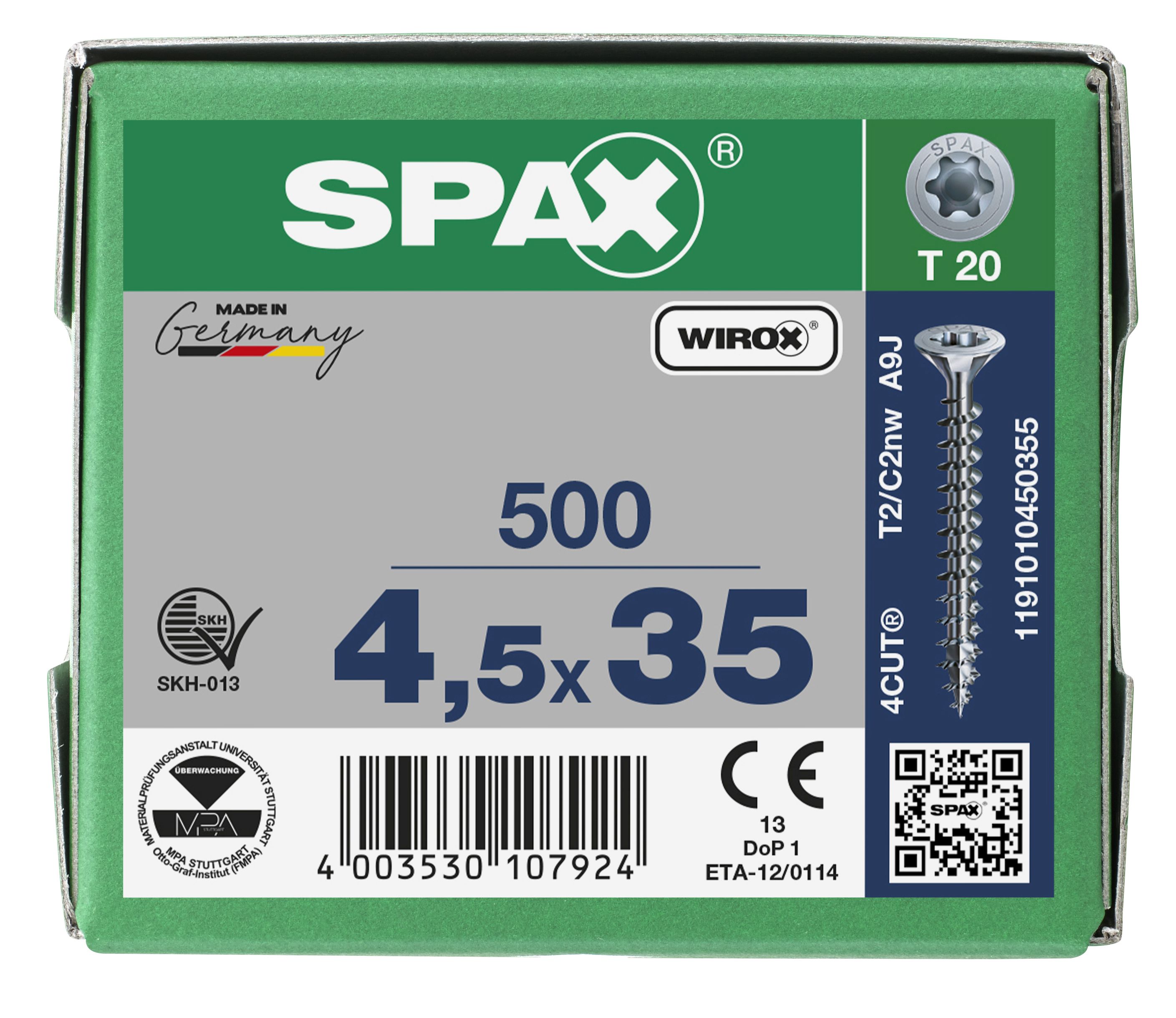 CABEZA MÚLTIPLE PLANA SPAX T-STAR PLUS T20 ROSCA COMPLETA WIROX 500 UD.