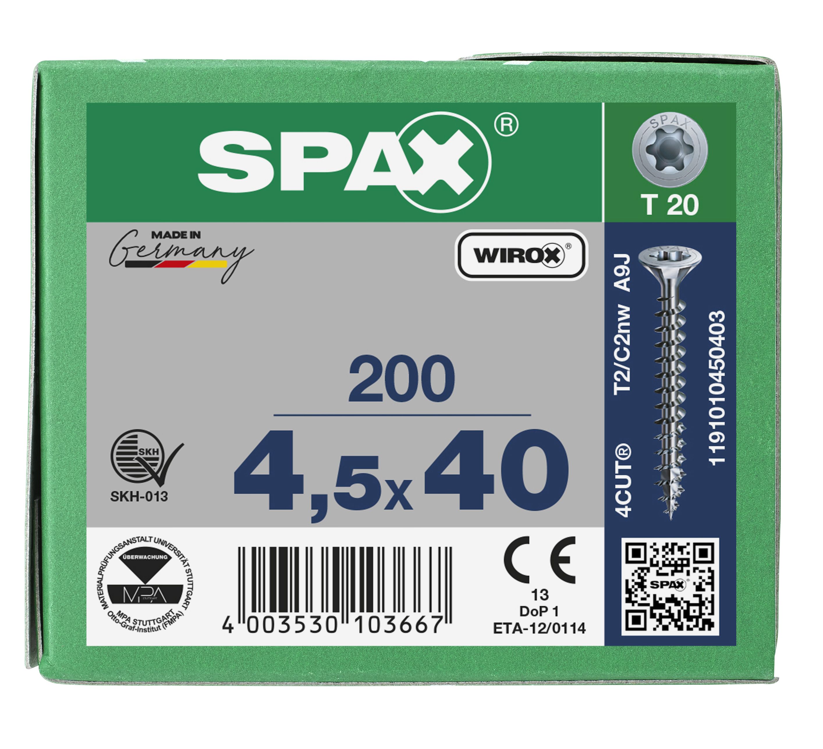 CABEZA MÚLTIPLE PLANA SPAX T-STAR PLUS T20 ROSCA COMPLETA WIROX 200 UD.