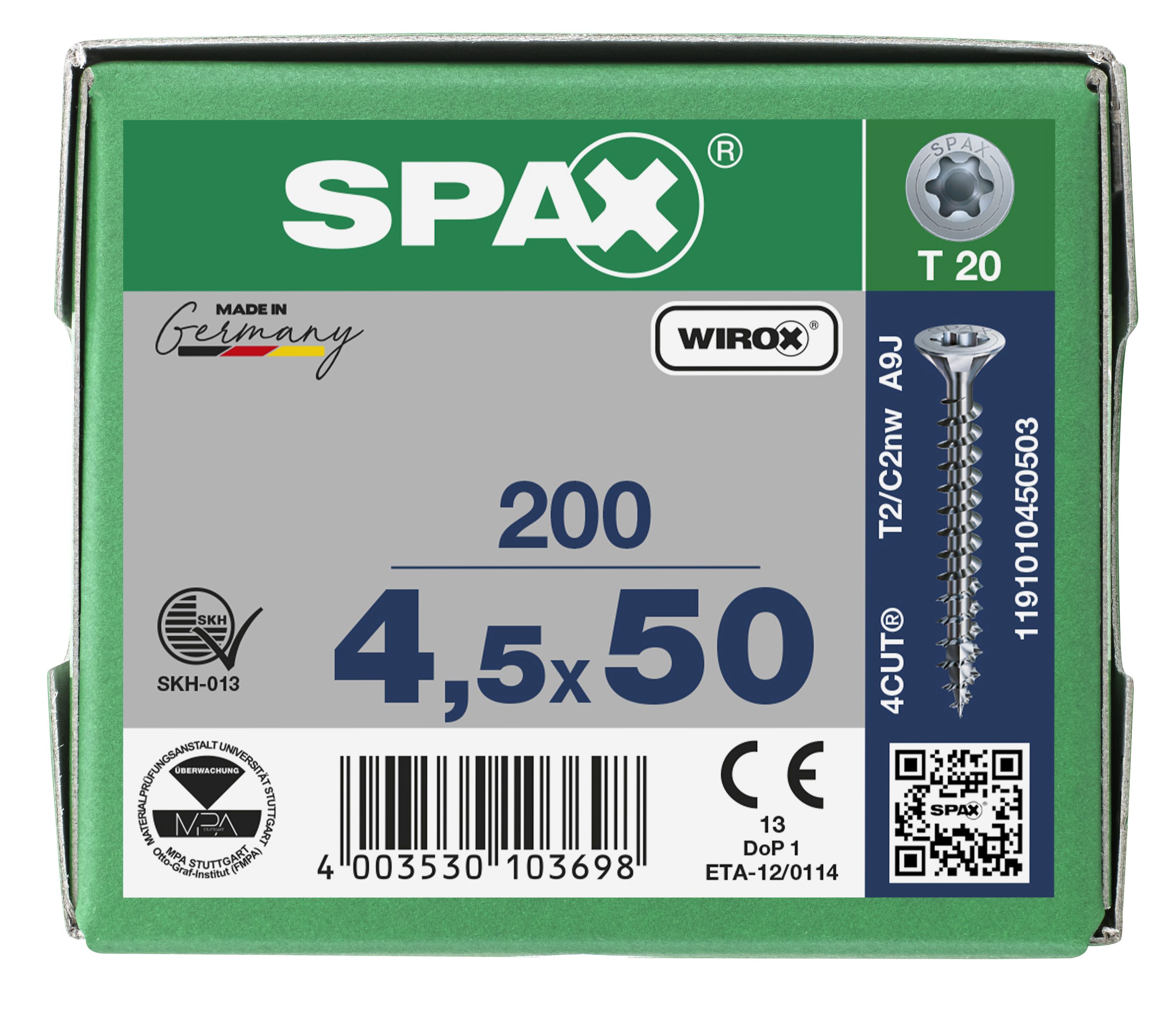 CABEZA MÚLTIPLE PLANA SPAX T-STAR PLUS T20 ROSCA COMPLETA WIROX 200 UD.