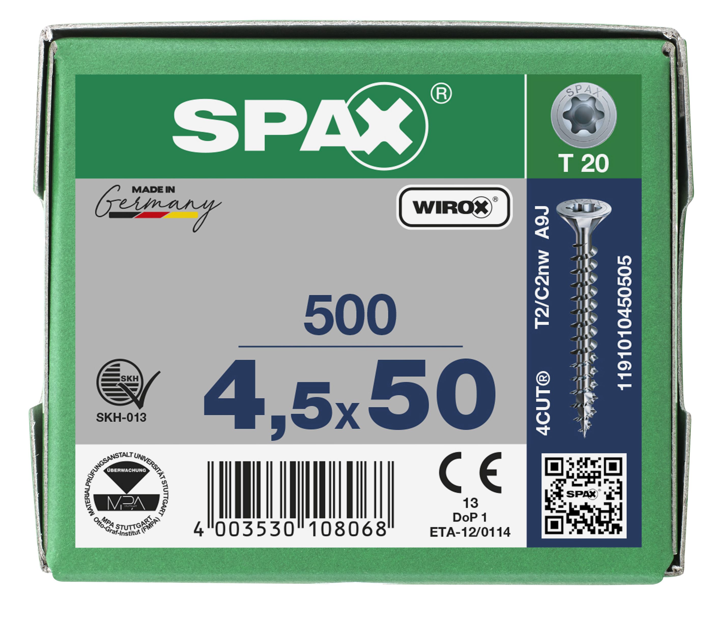 CABEZA MÚLTIPLE PLANA SPAX T-STAR PLUS T20 ROSCA COMPLETA WIROX 500 UD.