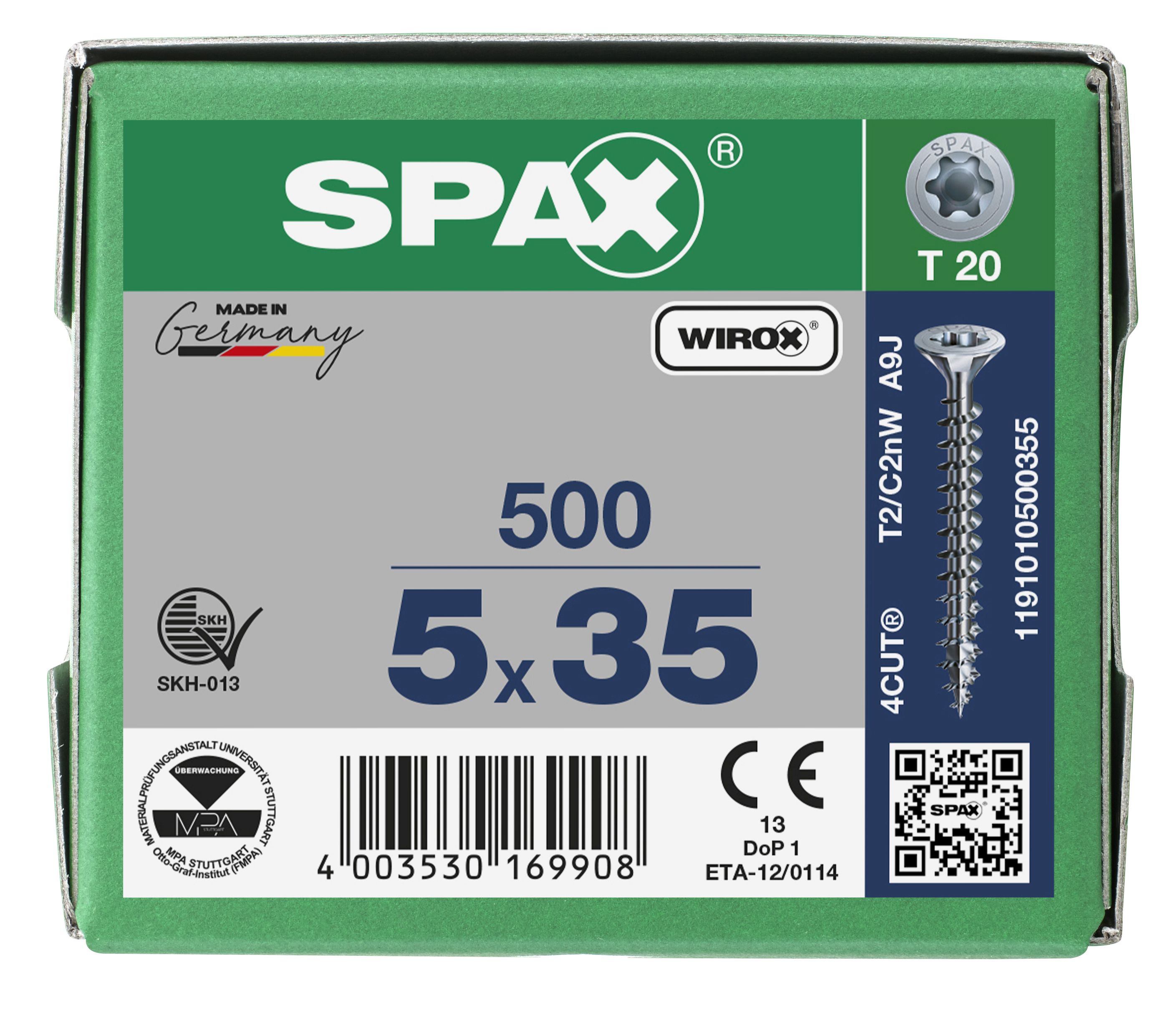 CABEZA MÚLTIPLE PLANA SPAX T-STAR PLUS T20 ROSCA COMPLETA WIROX 500 UD.