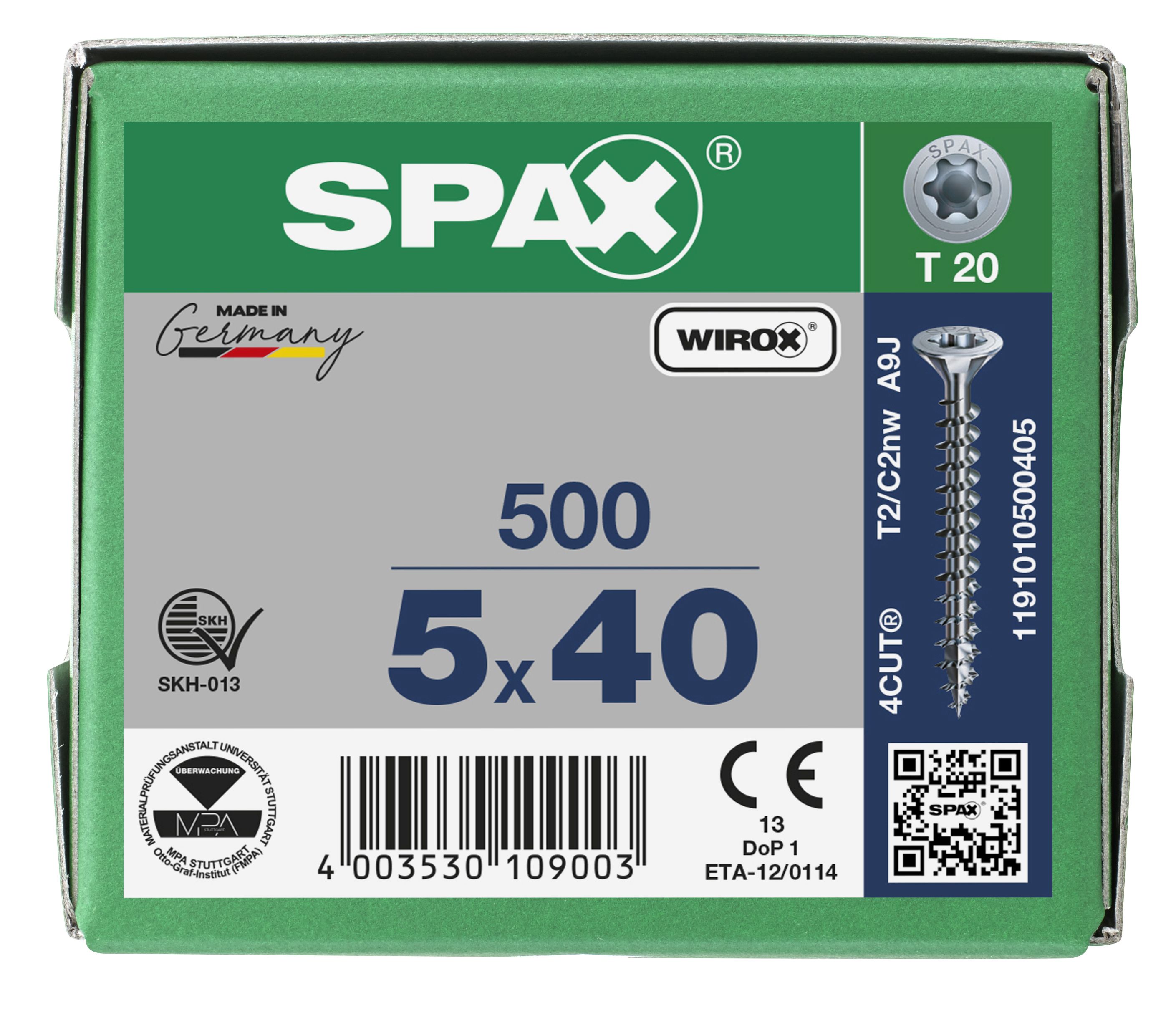 CABEZA MÚLTIPLE PLANA SPAX T-STAR PLUS T20 ROSCA COMPLETA WIROX 500 UD.