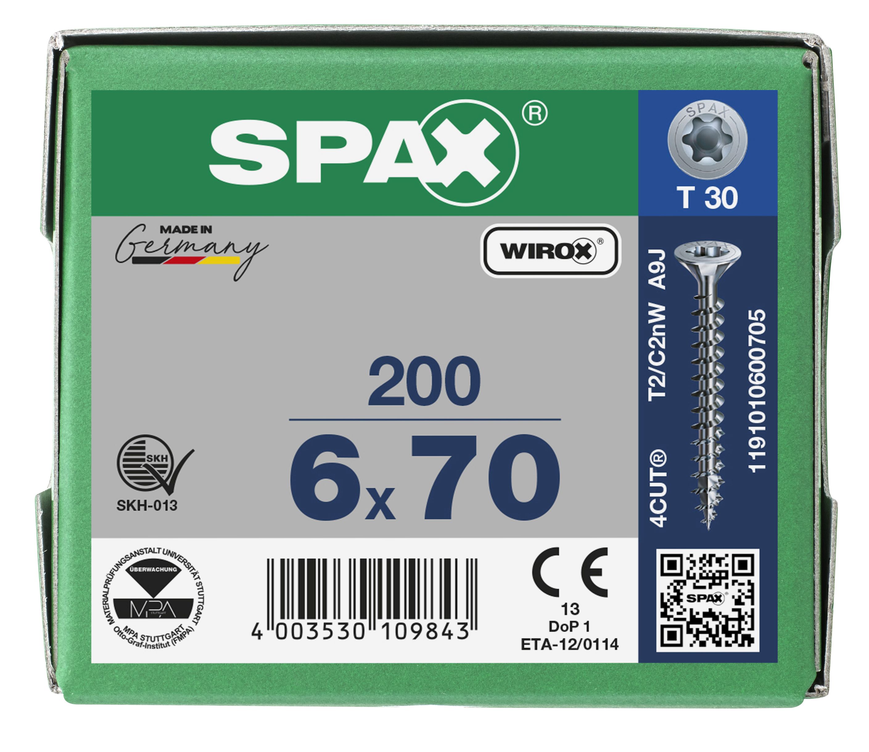 CABEZA MÚLTIPLE PLANA SPAX T-STAR PLUS T30 ROSCA COMPLETA WIROX 200 UD.