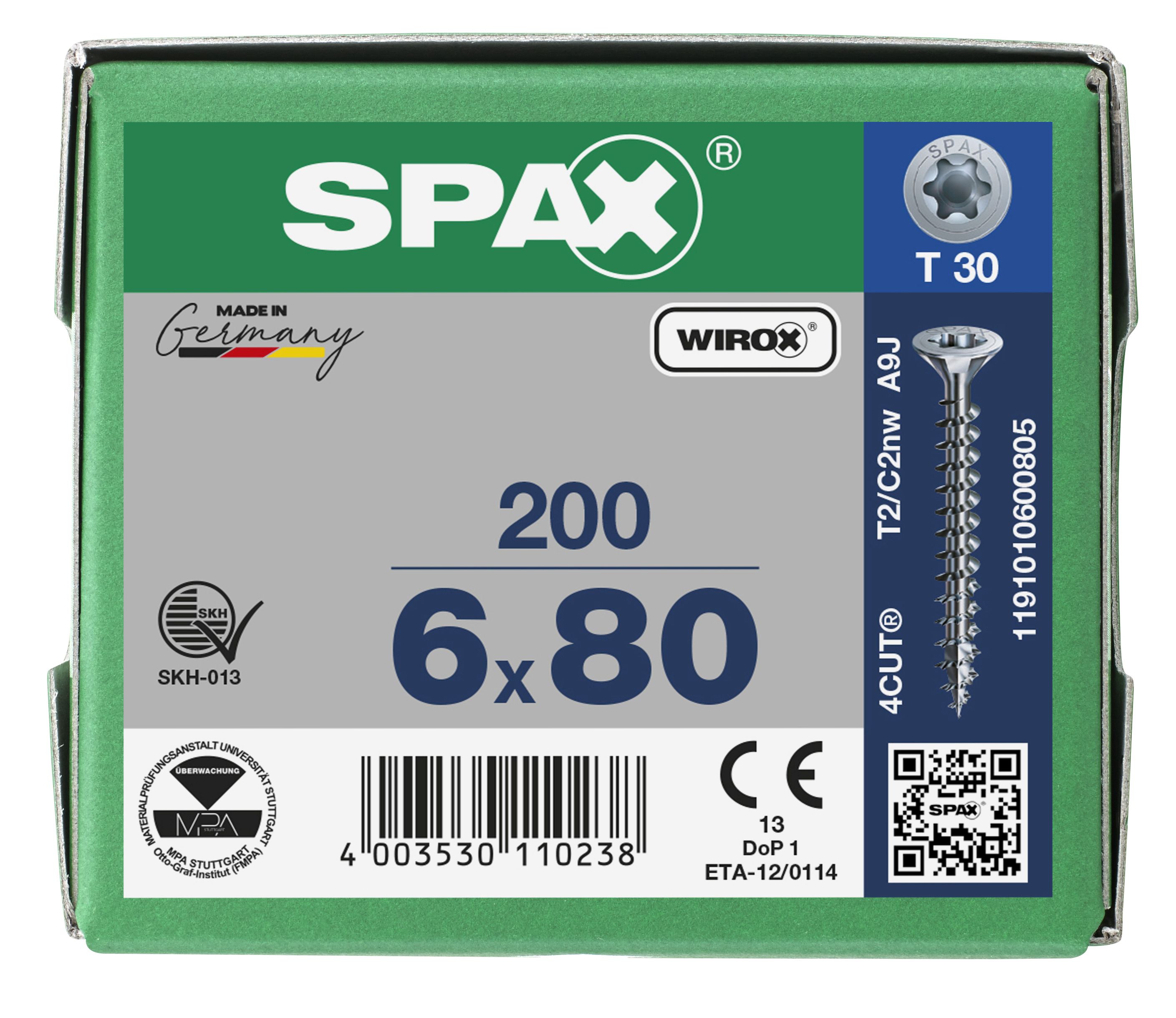 CABEZA MÚLTIPLE PLANA SPAX T-STAR PLUS T30 ROSCA COMPLETA WIROX 200 UD.