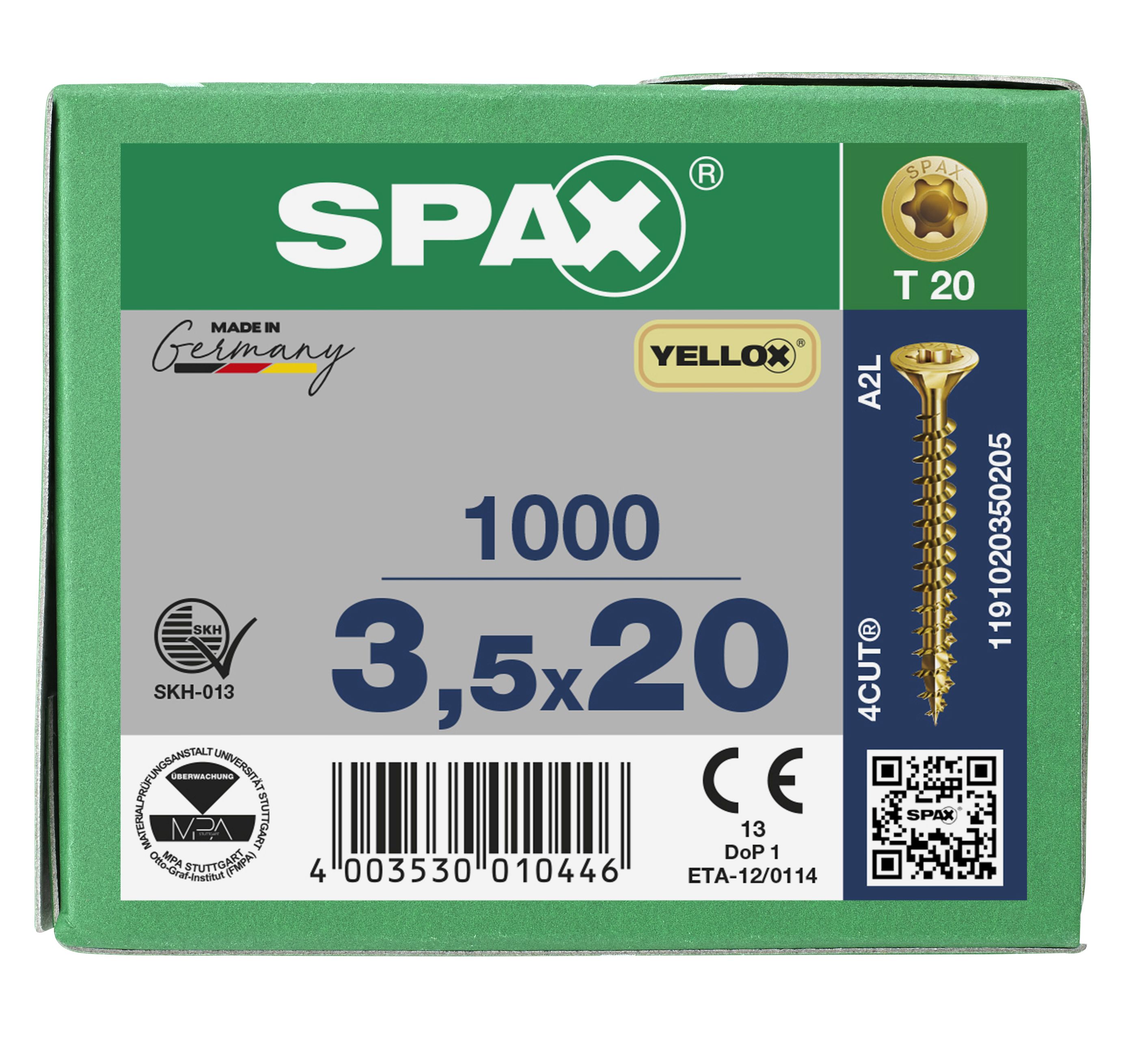 CABEZA MÚLTIPLE PLANA SPAX T-STAR PLUS T20 ROSCA COMPLETA YELLOX 1000 UD.