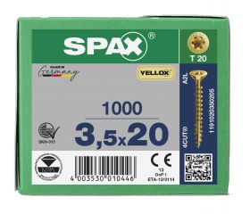 CABEZA MÚLTIPLE PLANA SPAX T-STAR PLUS T20 ROSCA COMPLETA YELLOX 1000 UD.
