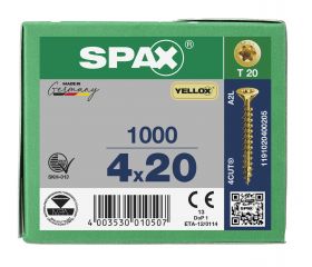 CABEZA MÚLTIPLE PLANA SPAX T-STAR PLUS T20 ROSCA COMPLETA YELLOX 1000 UD.