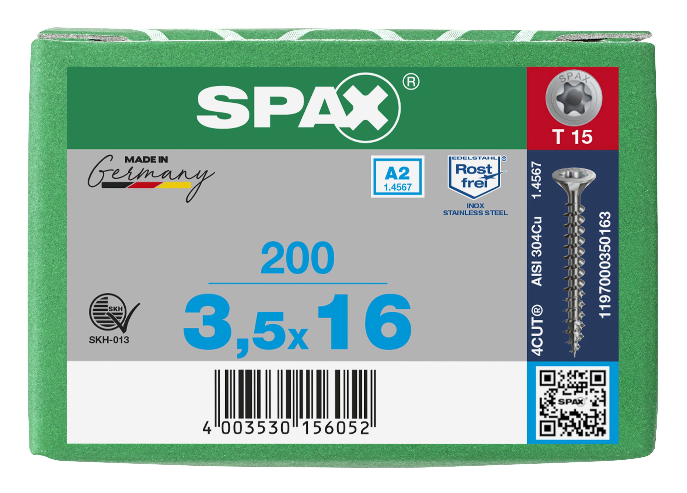 CABEZA MÚLTIPLE PLANA SPAX A2 T-STAR PLUS T15 ROSCA COMPLETA 200 UD.