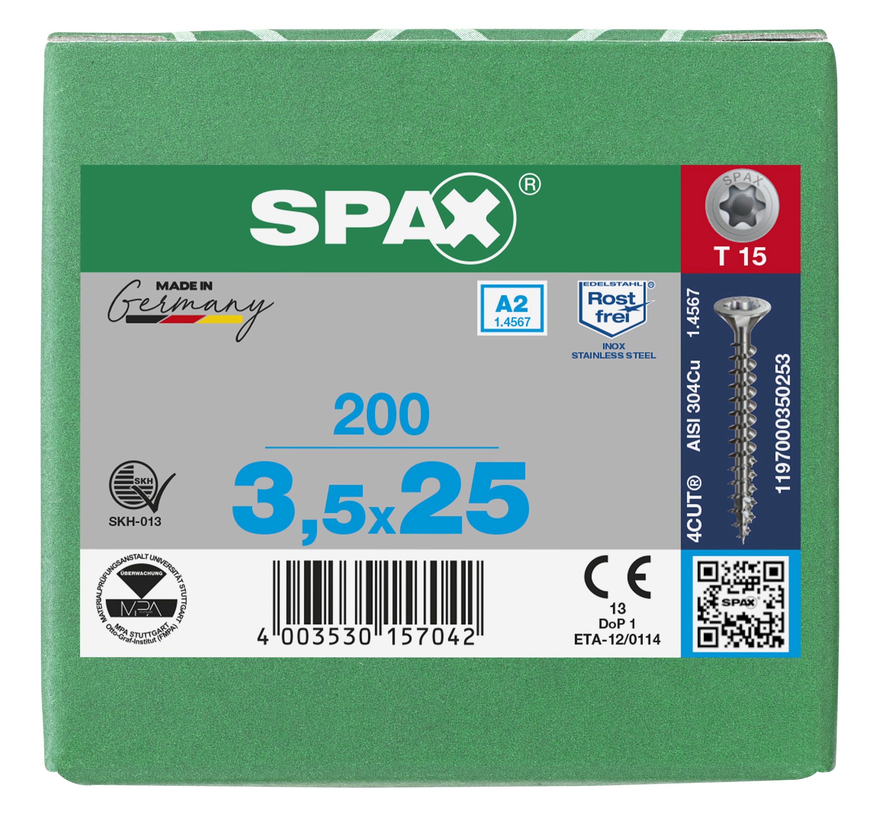 CABEZA MÚLTIPLE PLANA SPAX A2 T-STAR PLUS T15 ROSCA COMPLETA 200 UD.