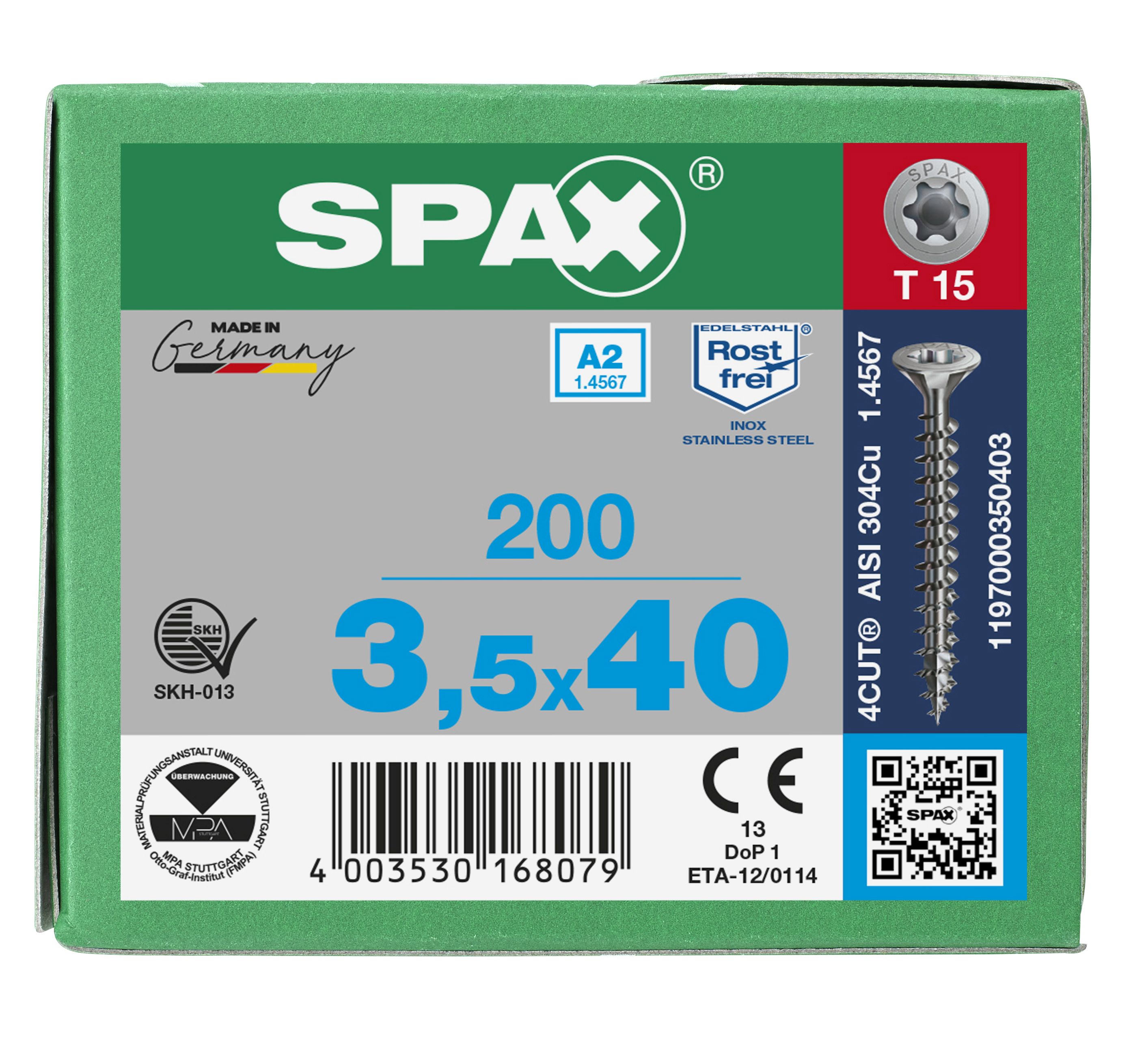 CABEZA MÚLTIPLE PLANA SPAX A2 T-STAR PLUS T15 ROSCA COMPLETA 200 UD.