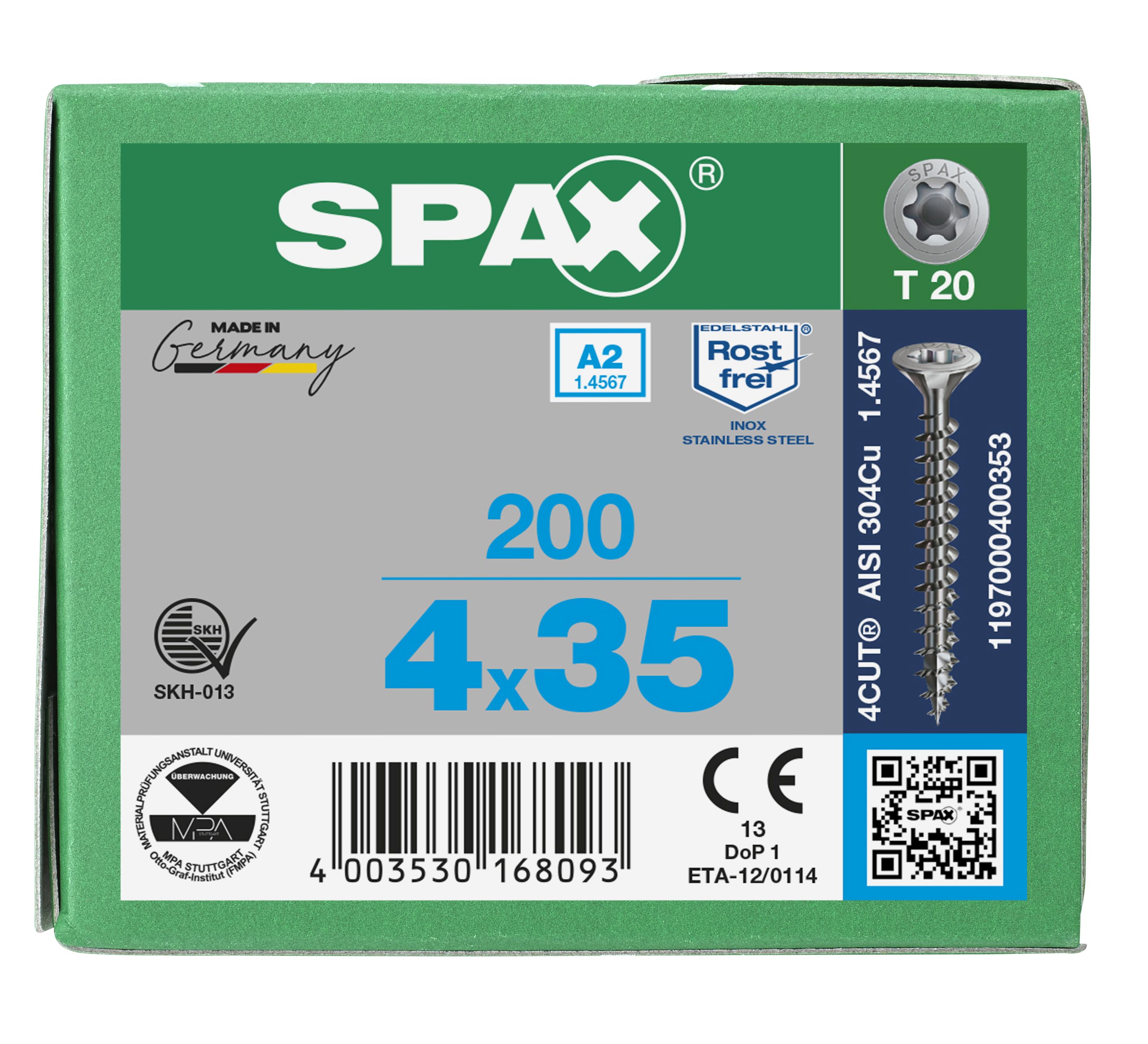 CABEZA MÚLTIPLE PLANA SPAX A2 T-STAR PLUS T20 ROSCA COMPLETA 200 UD.