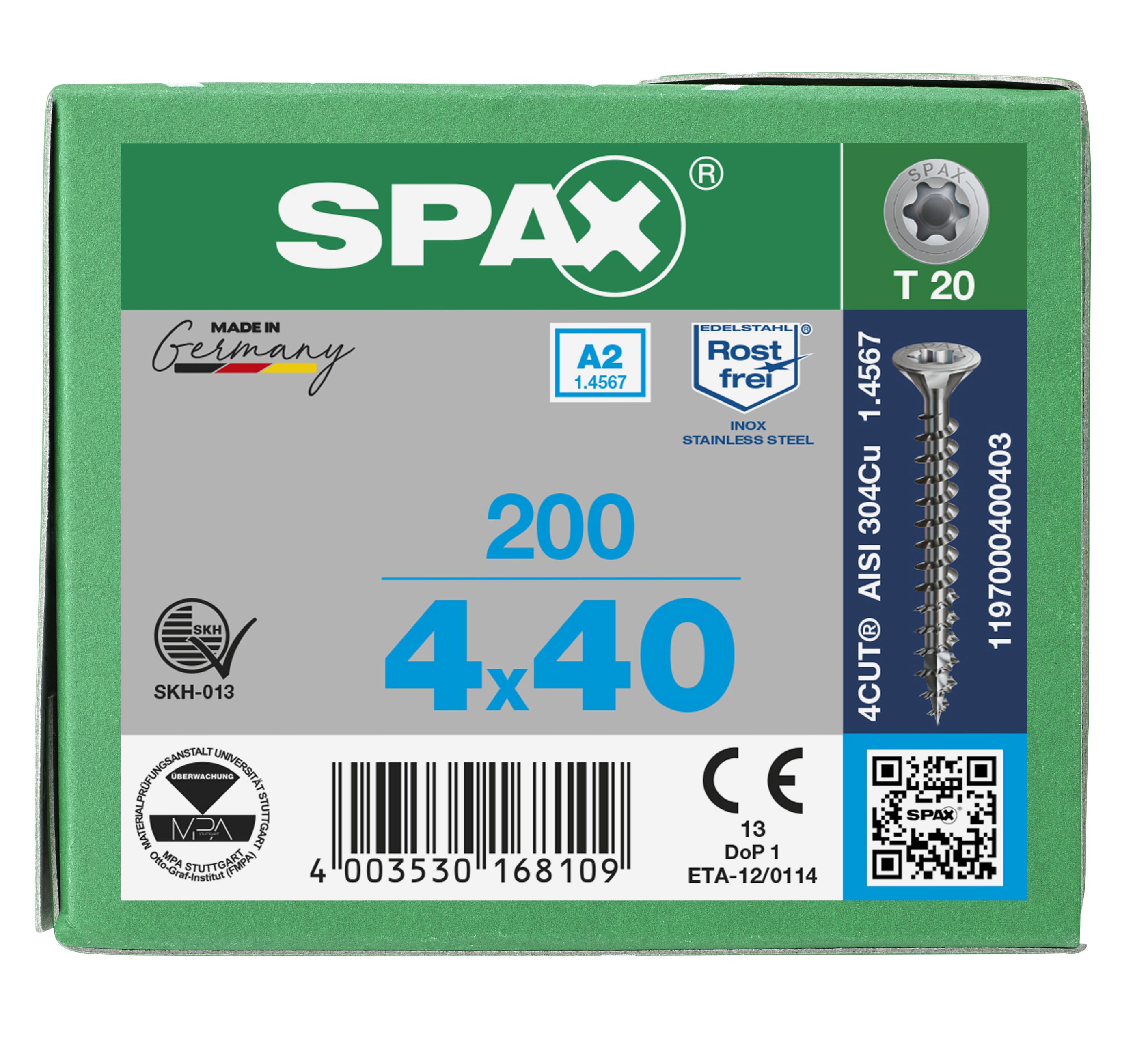 CABEZA MÚLTIPLE PLANA SPAX A2 T-STAR PLUS T20 ROSCA COMPLETA 200 UD.