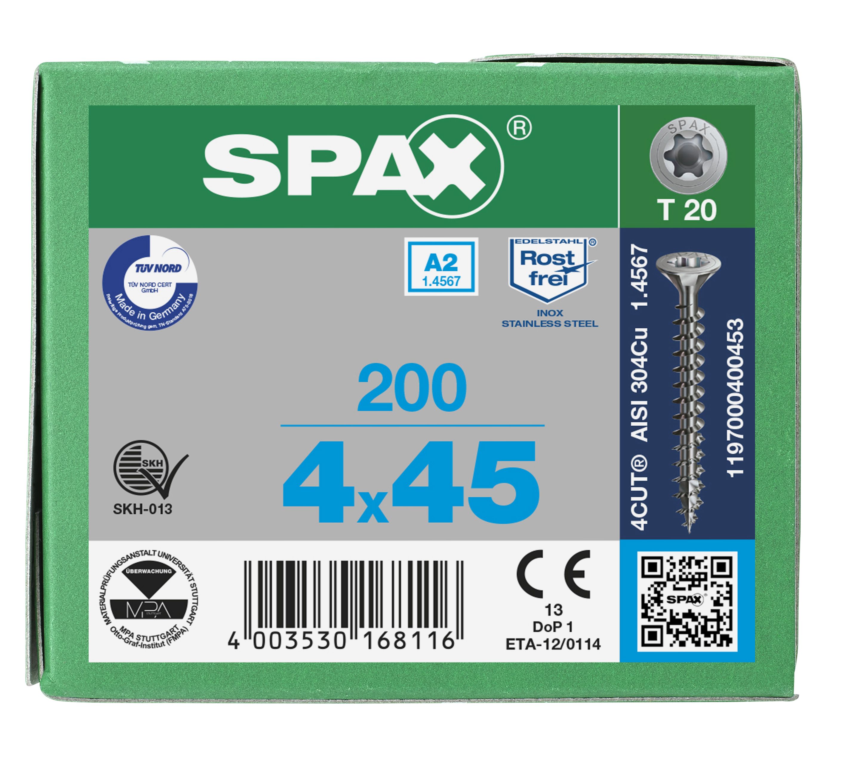 CABEZA MÚLTIPLE PLANA SPAX A2 T-STAR PLUS T20 ROSCA COMPLETA 200 UD.