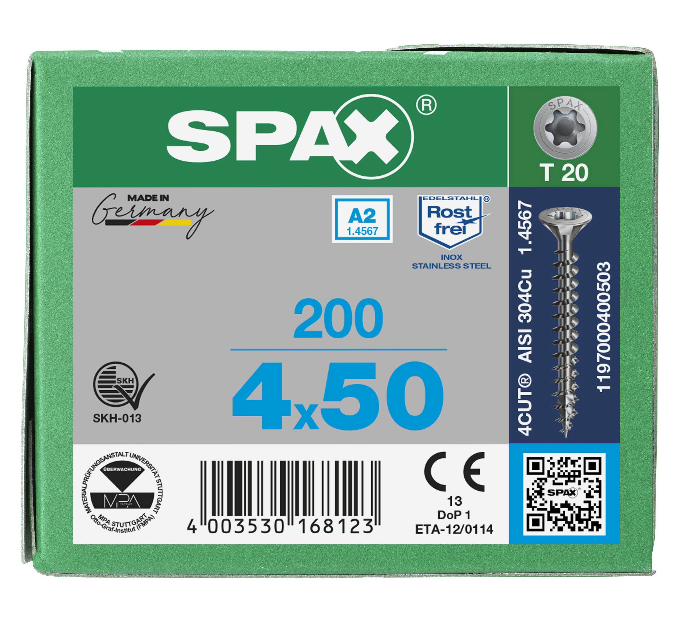 CABEZA MÚLTIPLE PLANA SPAX A2 T-STAR PLUS T20 ROSCA COMPLETA 200 UD.