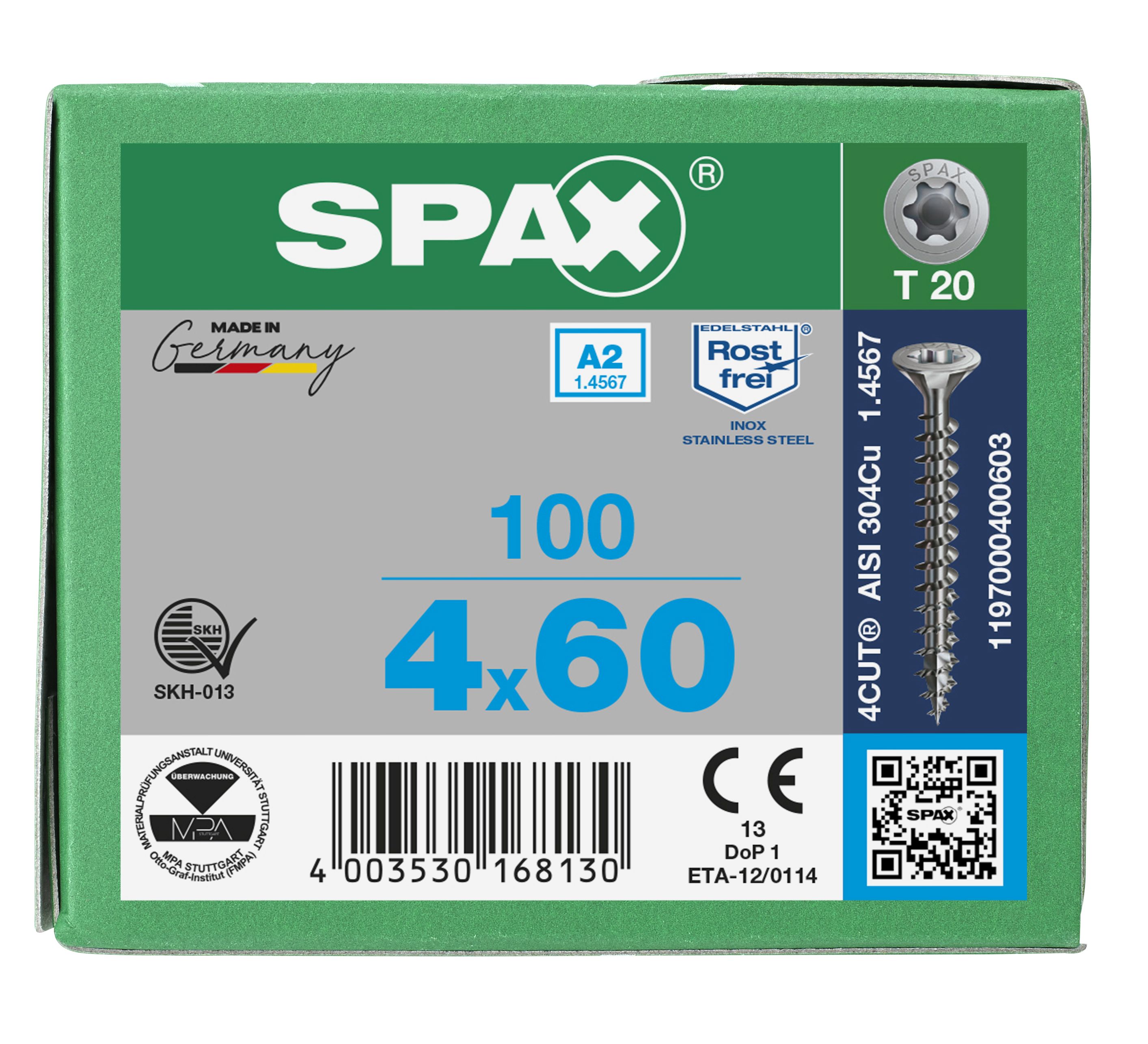 CABEZA MÚLTIPLE PLANA SPAX A2 T-STAR PLUS T20 ROSCA COMPLETA 100 UD.