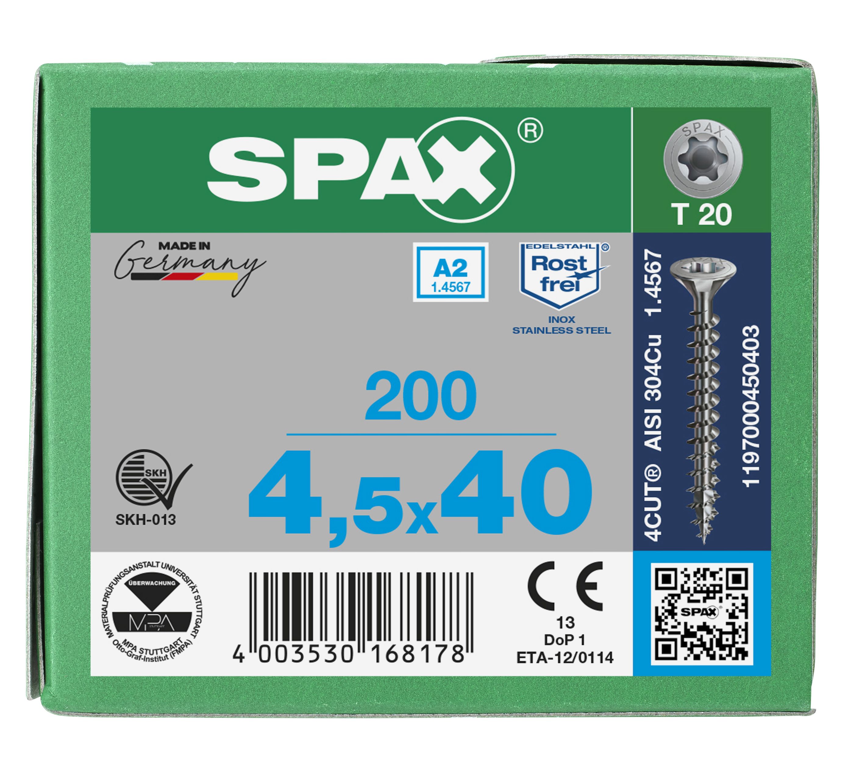 CABEZA MÚLTIPLE PLANA SPAX A2 T-STAR PLUS T20 ROSCA COMPLETA 200 UD.