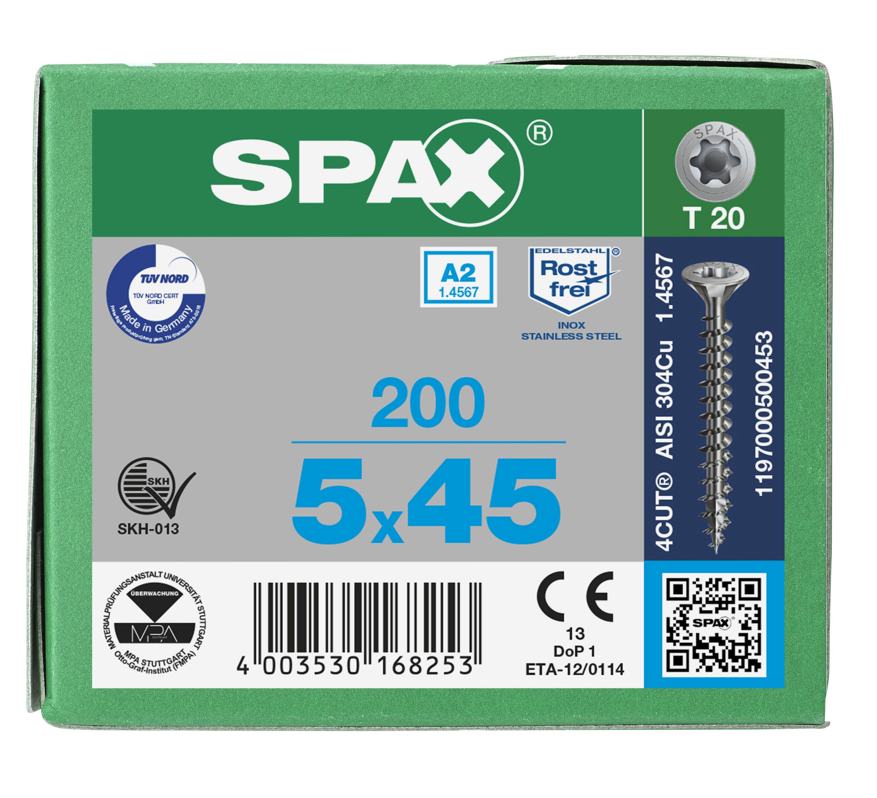 CABEZA MÚLTIPLE PLANA SPAX A2 T-STAR PLUS T20 ROSCA COMPLETA 200 UD.