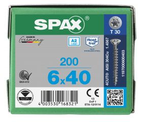 CABEZA MÚLTIPLE PLANA SPAX A2 T-STAR PLUS T30 ROSCA COMPLETA 200 UD.
