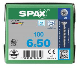 CABEZA MÚLTIPLE PLANA SPAX A2 T-STAR PLUS T30 ROSCA COMPLETA 100 UD.