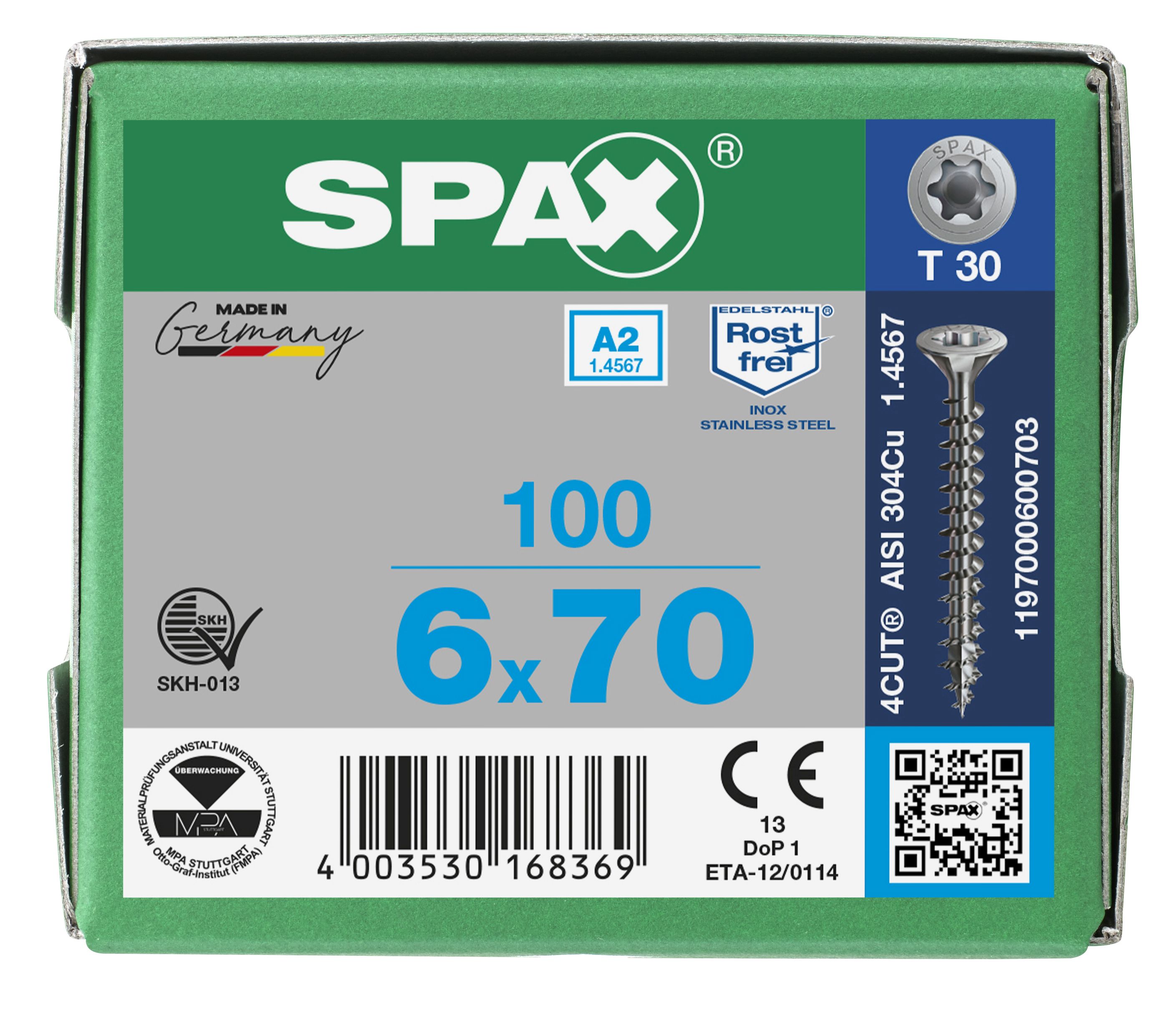 CABEZA MÚLTIPLE PLANA SPAX A2 T-STAR PLUS T30 ROSCA COMPLETA 100 UD.