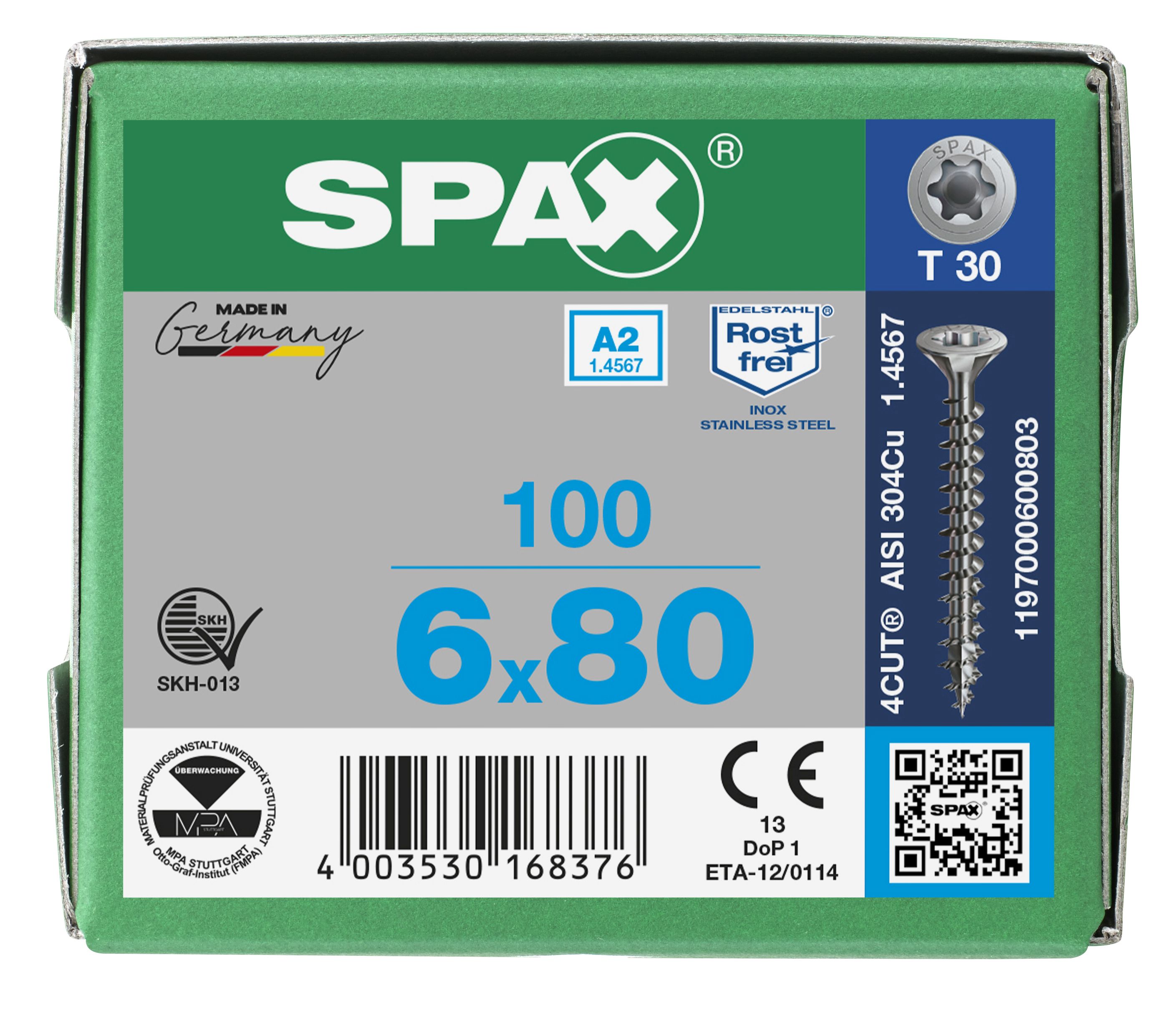 CABEZA MÚLTIPLE PLANA SPAX A2 T-STAR PLUS T30 ROSCA COMPLETA 100 UD.