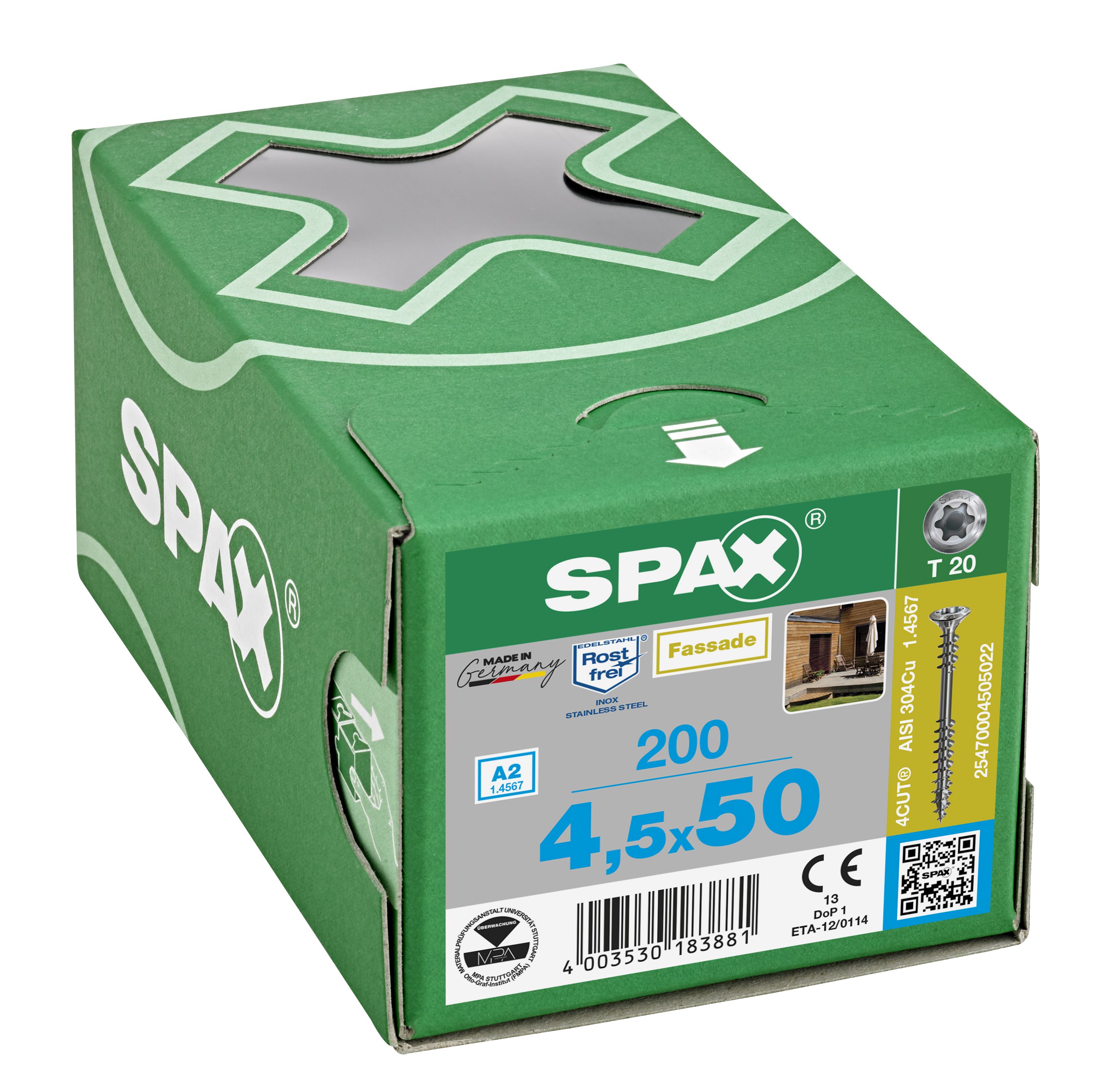 TORNILLO PARA FACHADAS SPAX A2 CABEZA GOTA DE SEBO PEQUEÑA 8 MM NERVIOS FRESADORES RESISTENTES T-STAR PLUS T20 ROSCA DE FIJACIÓN 4CUT 200 UD.