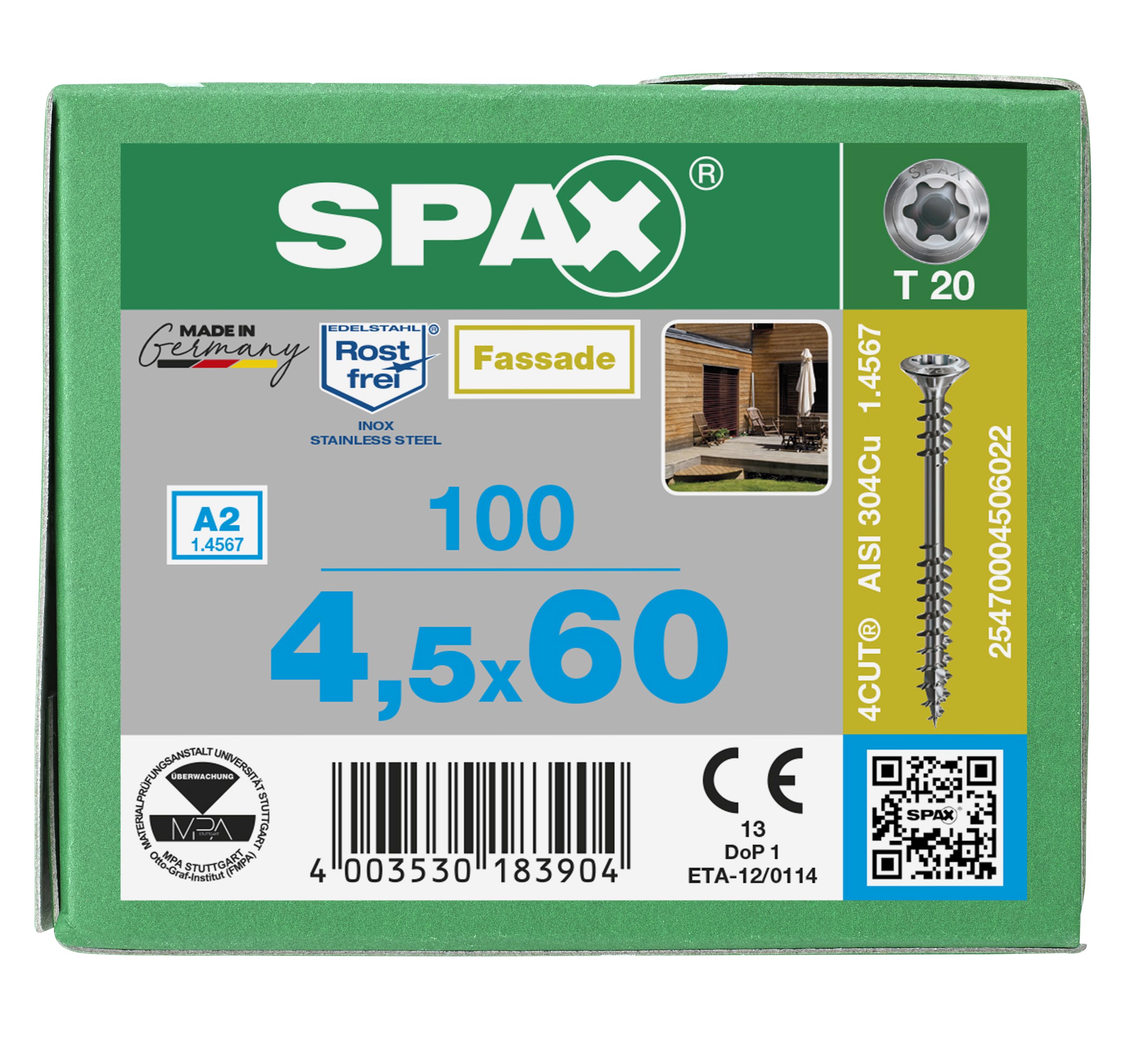 TORNILLO PARA FACHADAS SPAX A2 CABEZA GOTA DE SEBO PEQUEÑA 8 MM NERVIOS FRESADORES RESISTENTES T-STAR PLUS T20 ROSCA DE FIJACIÓN 4CUT 100 UD.