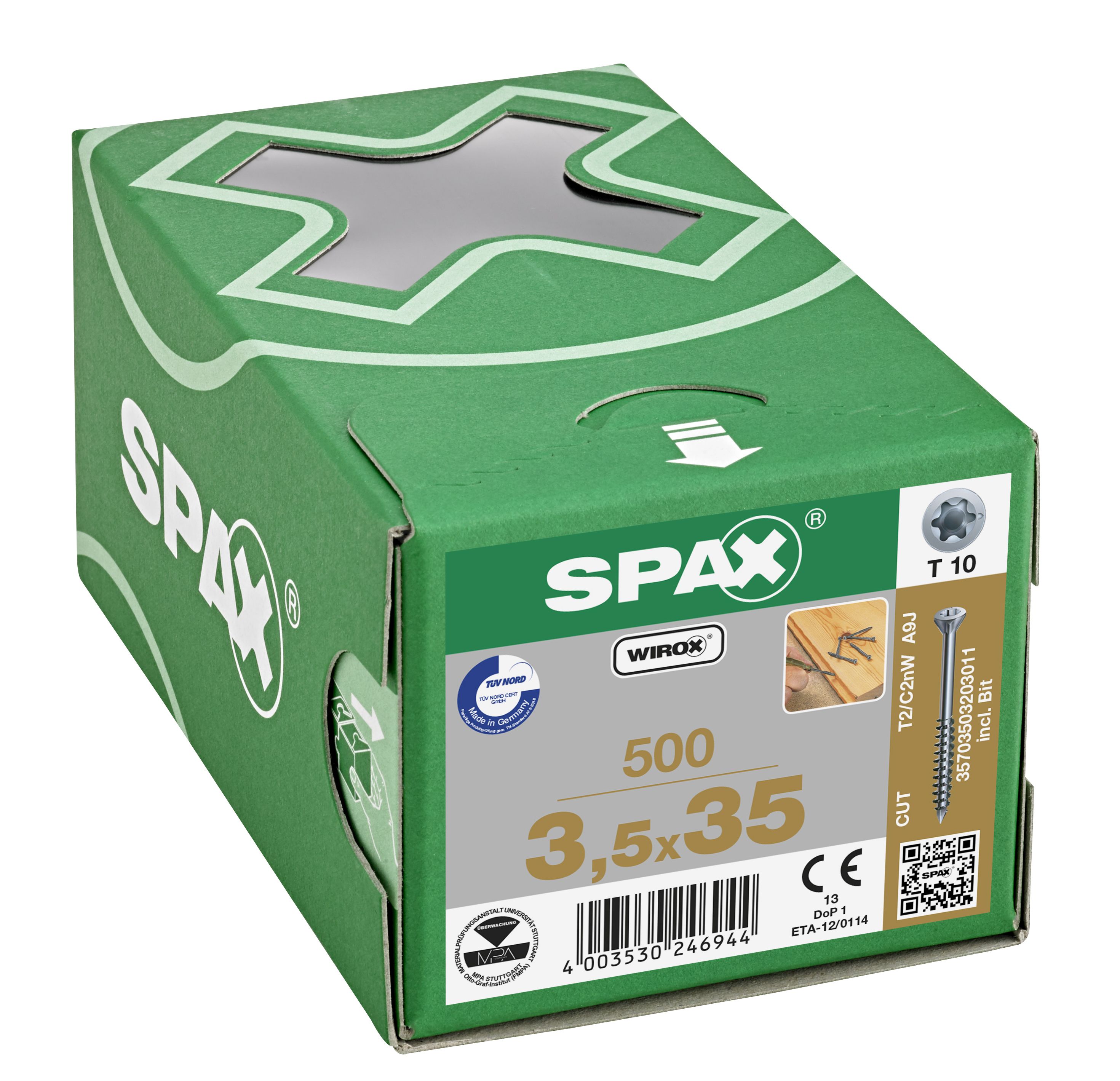 TORNILLO PARA SUELOS DE MADERA SPAX-S CABEZA PLANA NERVIOS FRESADORES T-STAR PLUS T10 ROSCA PARCIAL CUT WIROX 500 UD.+BIT