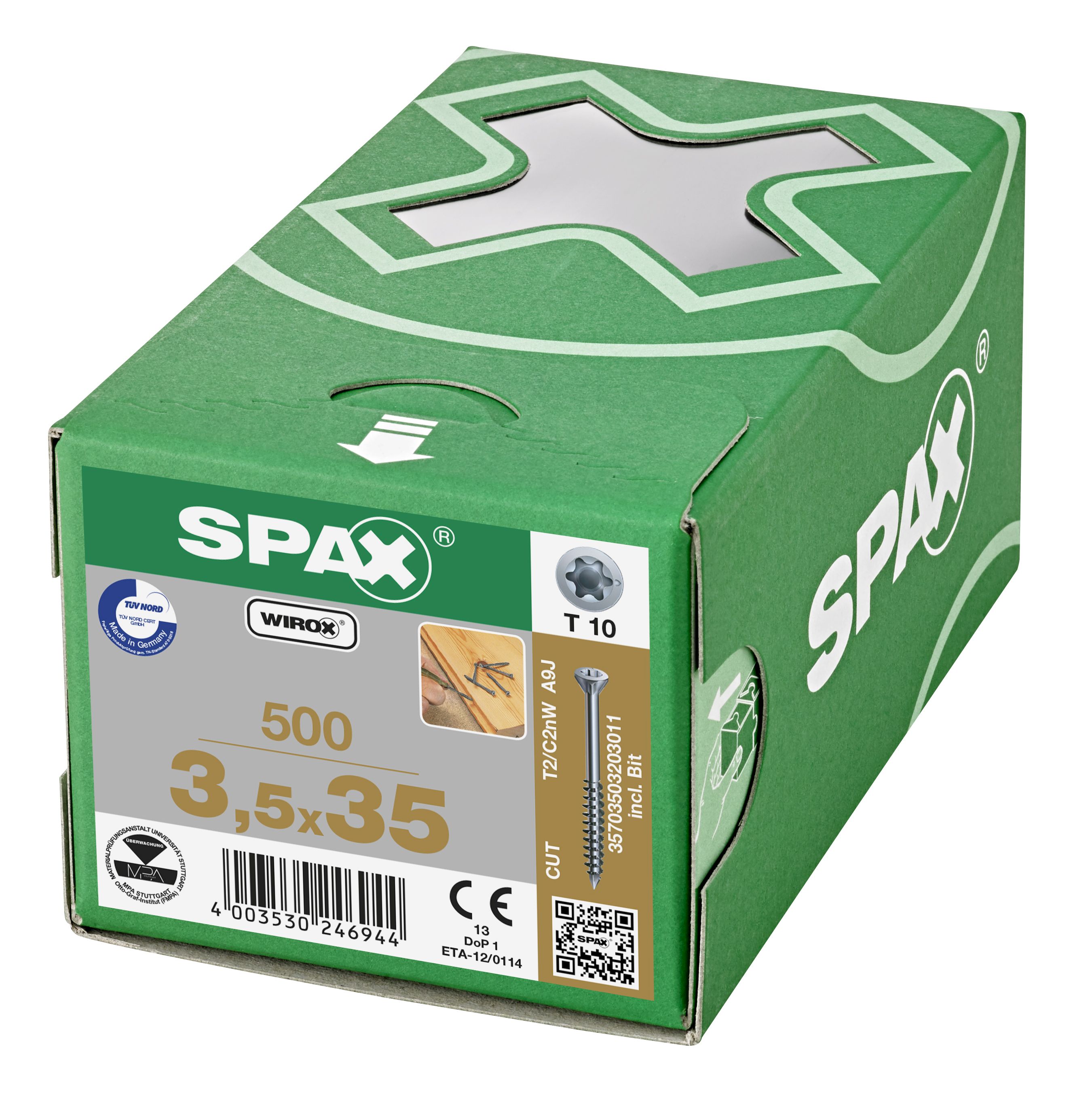 TORNILLO PARA SUELOS DE MADERA SPAX-S CABEZA PLANA NERVIOS FRESADORES T-STAR PLUS T10 ROSCA PARCIAL CUT WIROX 500 UD.+BIT