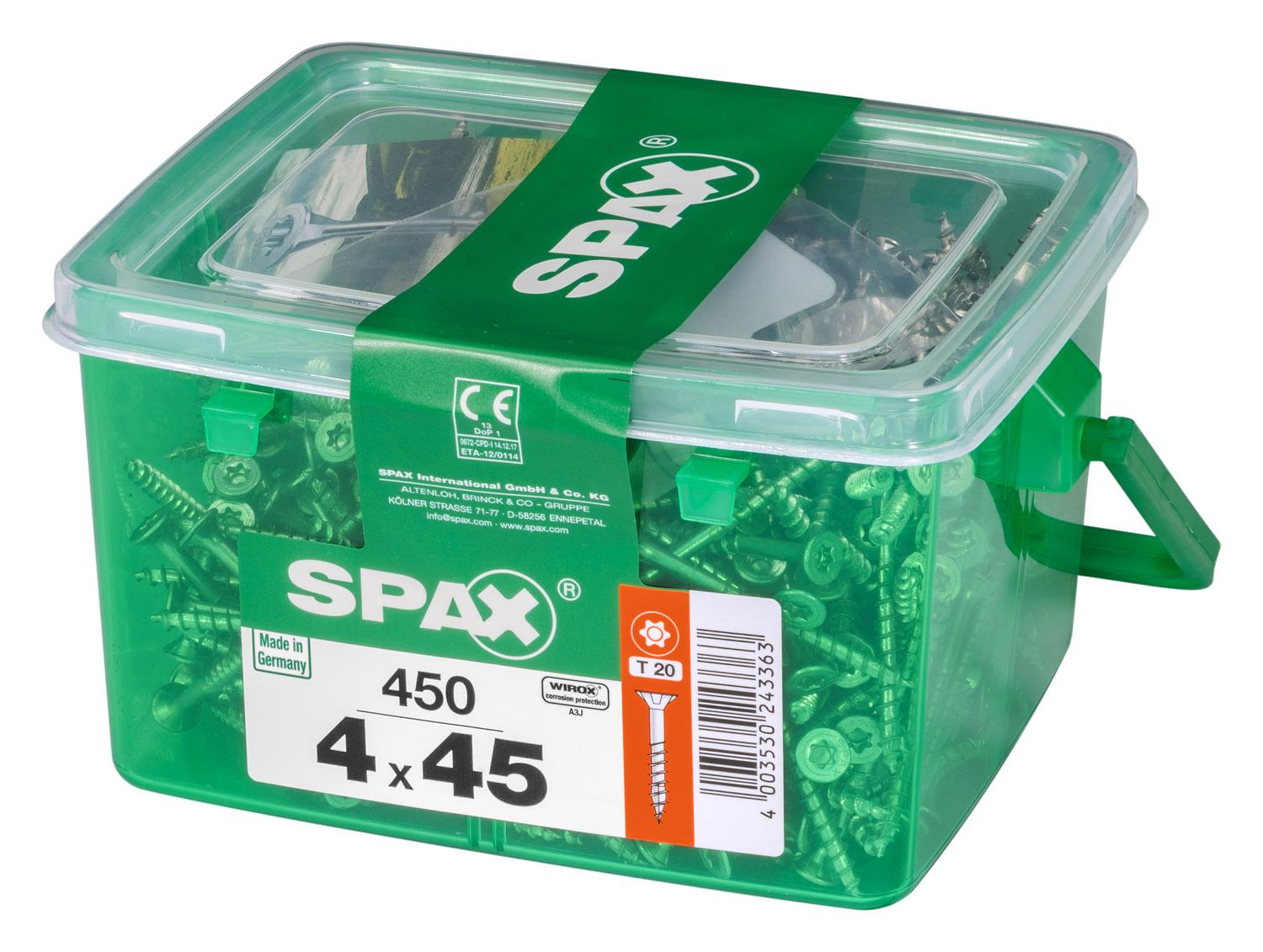 PLANA SPAX T-STAR PLUS T20 WIROX CAJA DE PLÁSTICO CON ASA S 450 UD.