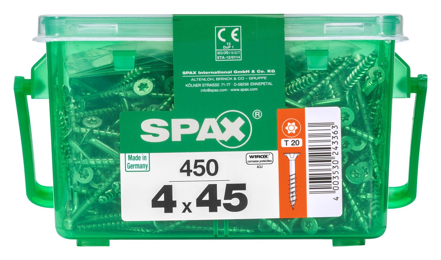 PLANA SPAX T-STAR PLUS T20 WIROX CAJA DE PLÁSTICO CON ASA S 450 UD.