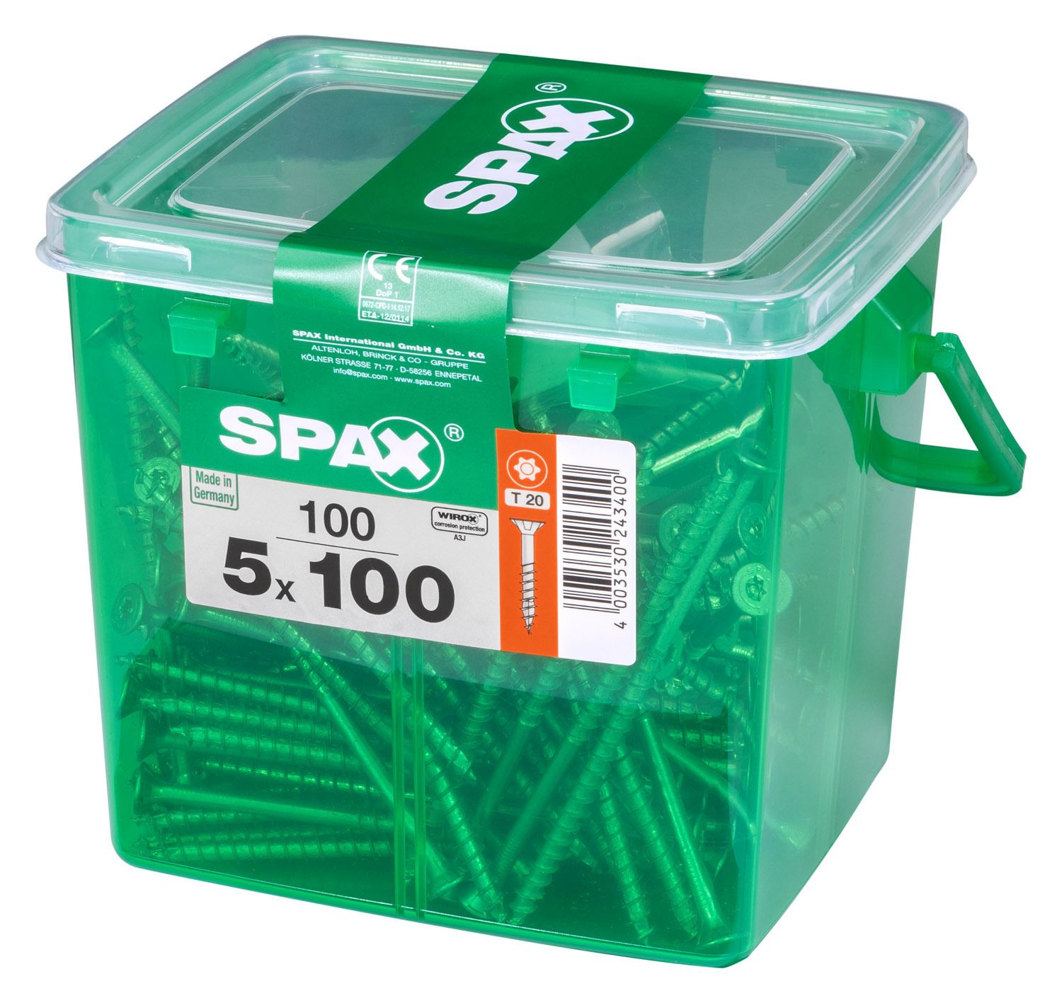 PLANA SPAX T-STAR PLUS T20 WIROX CAJA DE PLÁSTICO CON ASA M 100 UD.