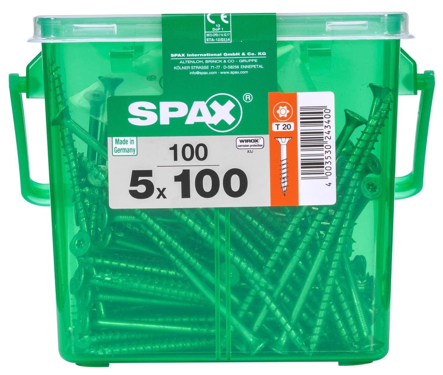 PLANA SPAX T-STAR PLUS T20 WIROX CAJA DE PLÁSTICO CON ASA M 100 UD.