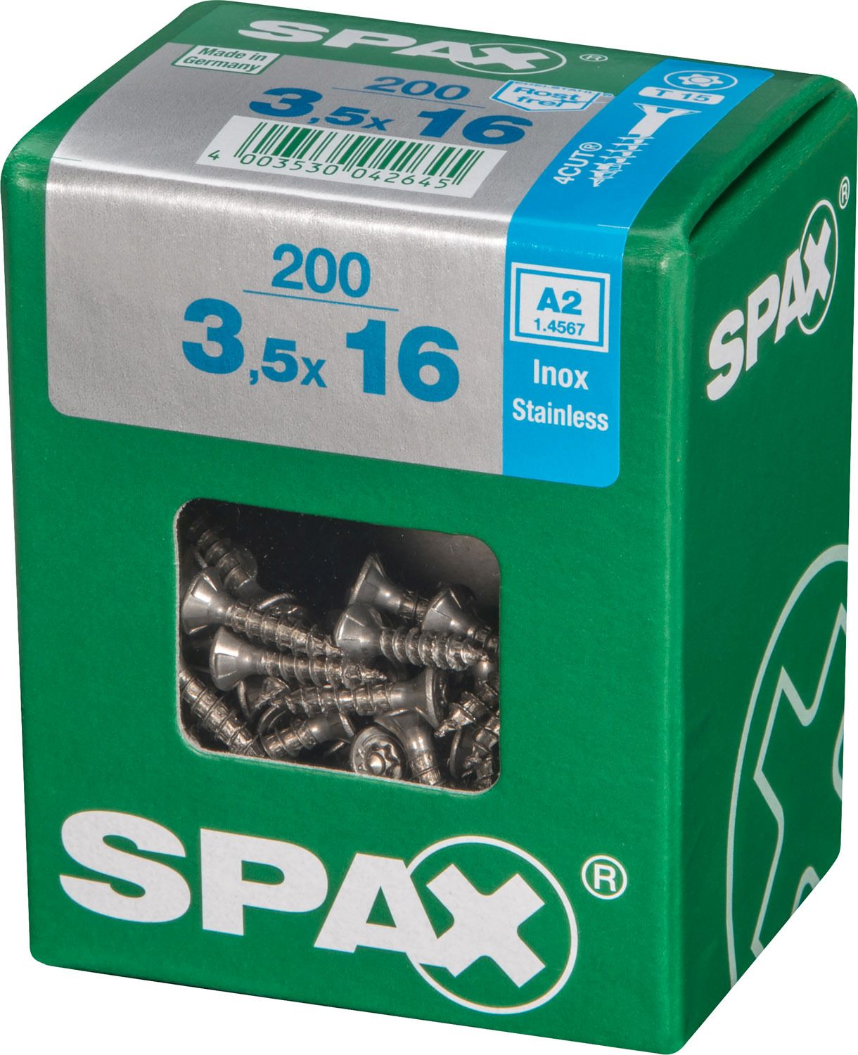 PLANA SPAX T-STAR PLUS T15 A2 INOXIDABLE L 200 UD.