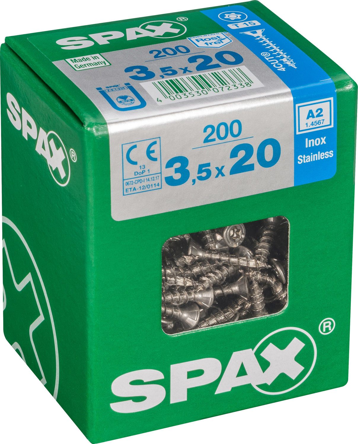 PLANA SPAX T-STAR PLUS T15 A2 INOXIDABLE L 200 UD.