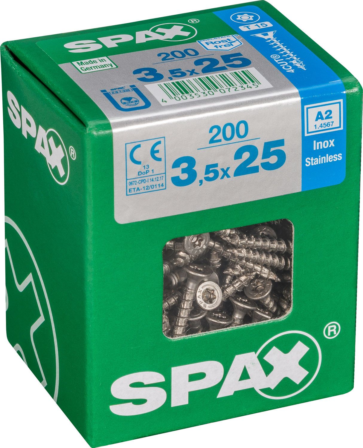 PLANA SPAX T-STAR PLUS T15 A2 INOXIDABLE L 200 UD.