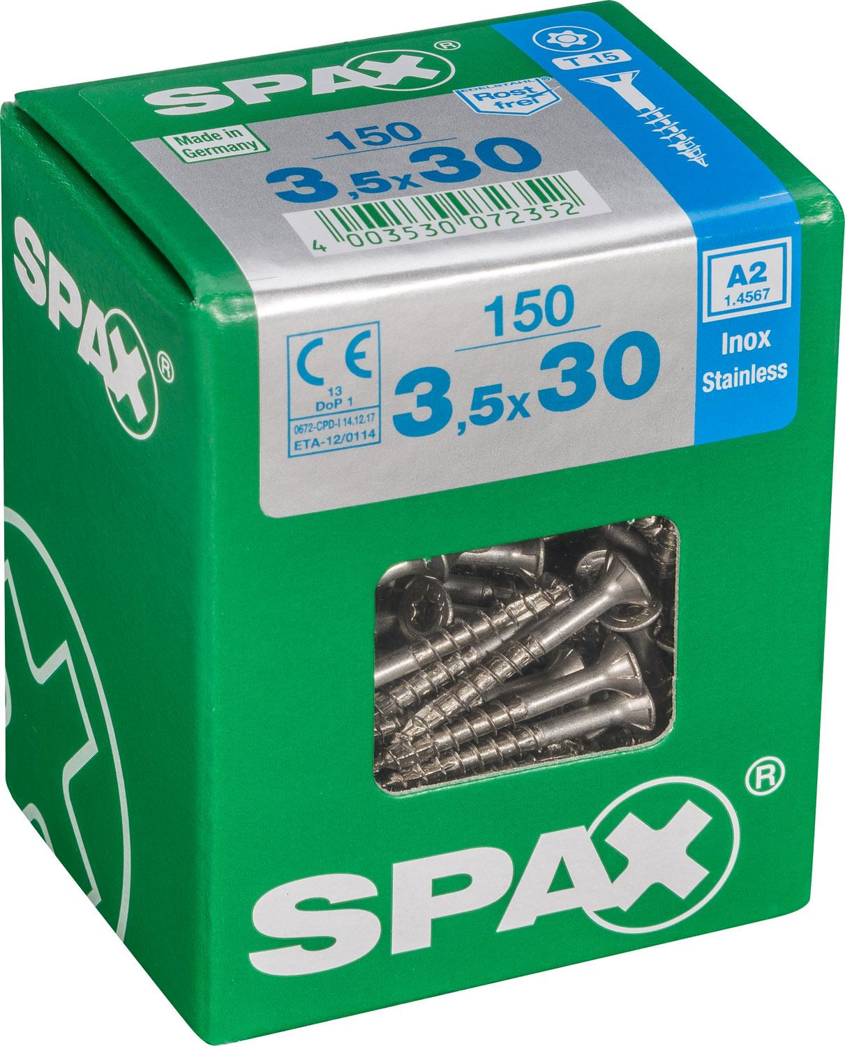 PLANA SPAX T-STAR PLUS T15 A2 INOXIDABLE L 150 UD.