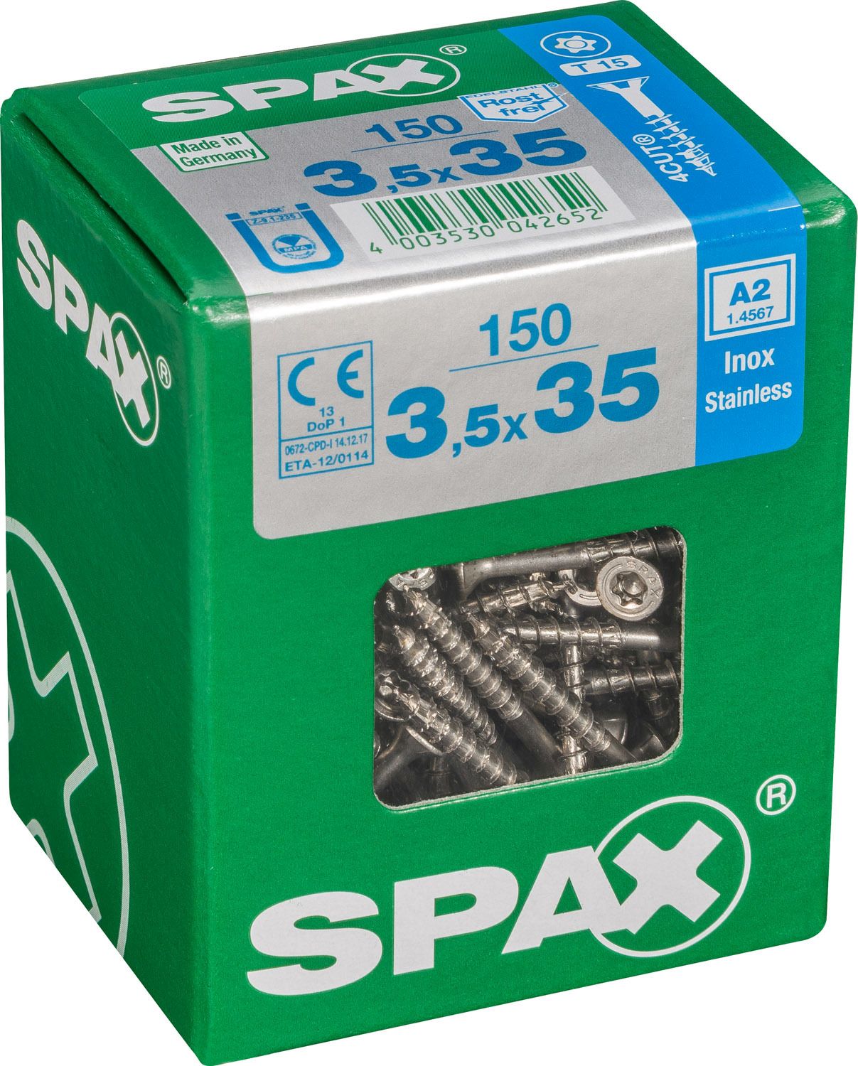 PLANA SPAX T-STAR PLUS T15 A2 INOXIDABLE L 150 UD.