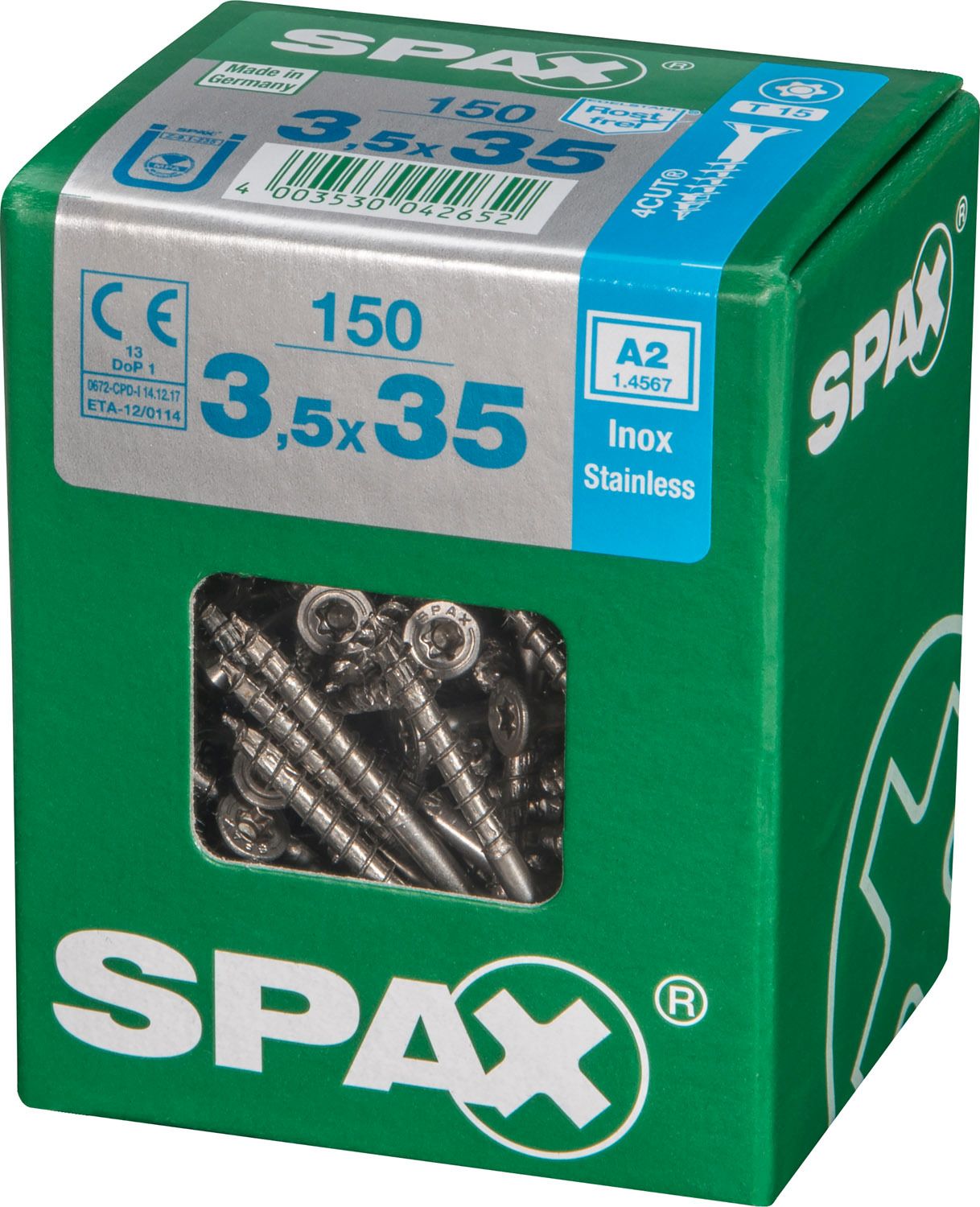 PLANA SPAX T-STAR PLUS T15 A2 INOXIDABLE L 150 UD.