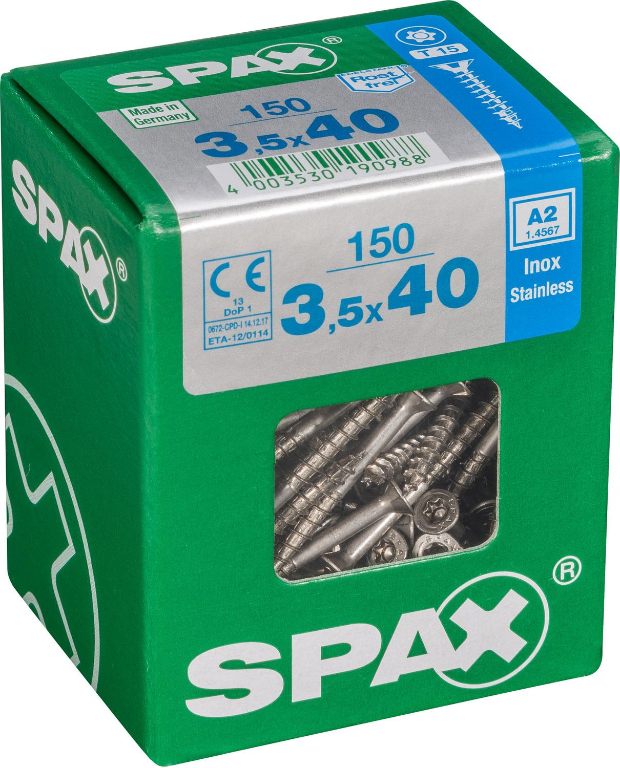 PLANA SPAX T-STAR PLUS T15 A2 INOXIDABLE L 150 UD.