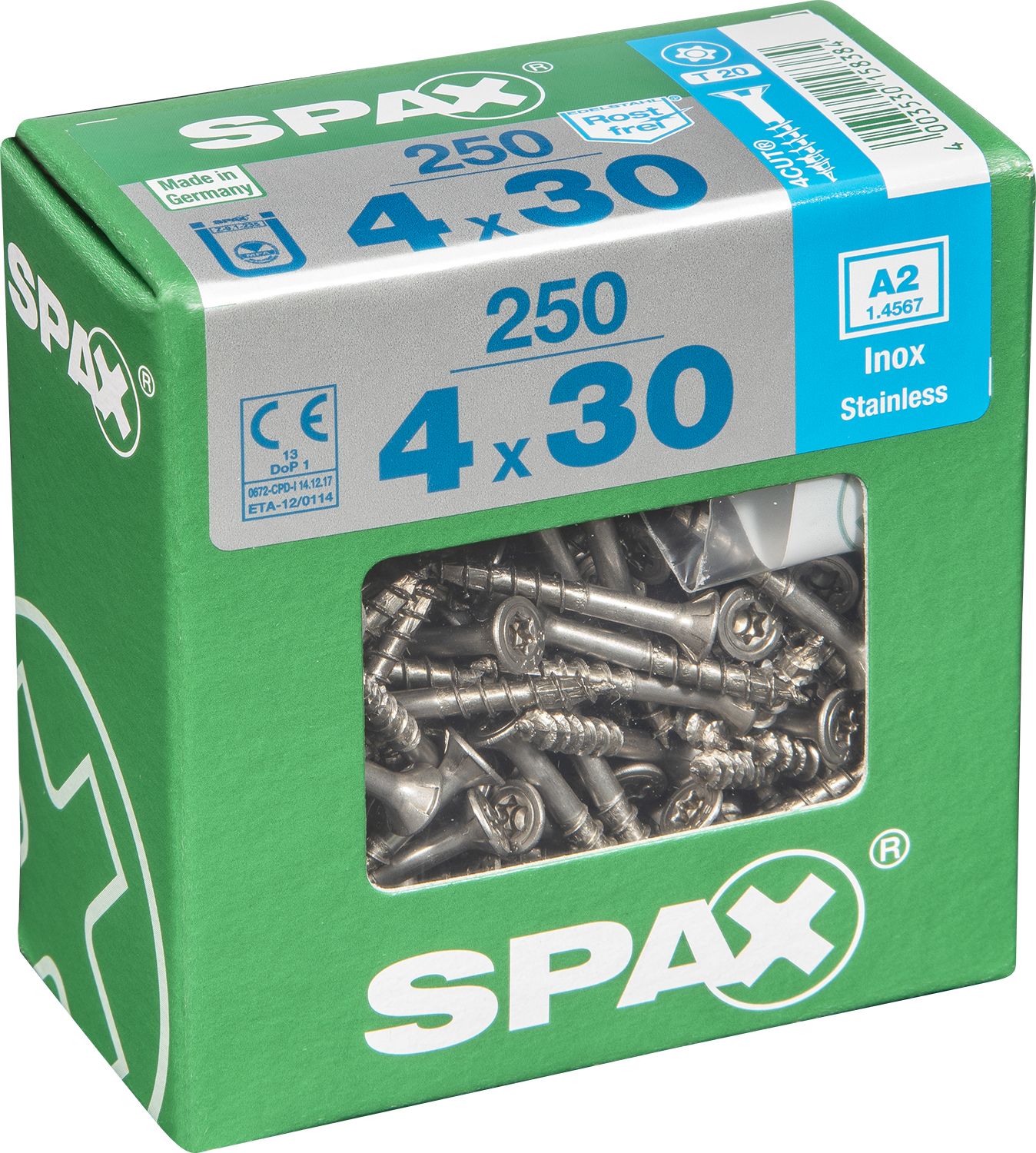 PLANA SPAX T-STAR PLUS T20 A2 INOXIDABLE XL 250 UD.